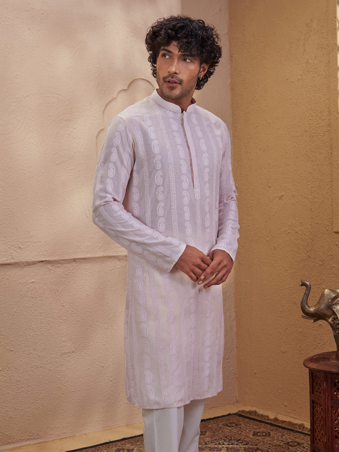 Vastramay Men Peach Cotton Chikankari Embroidered Kurta