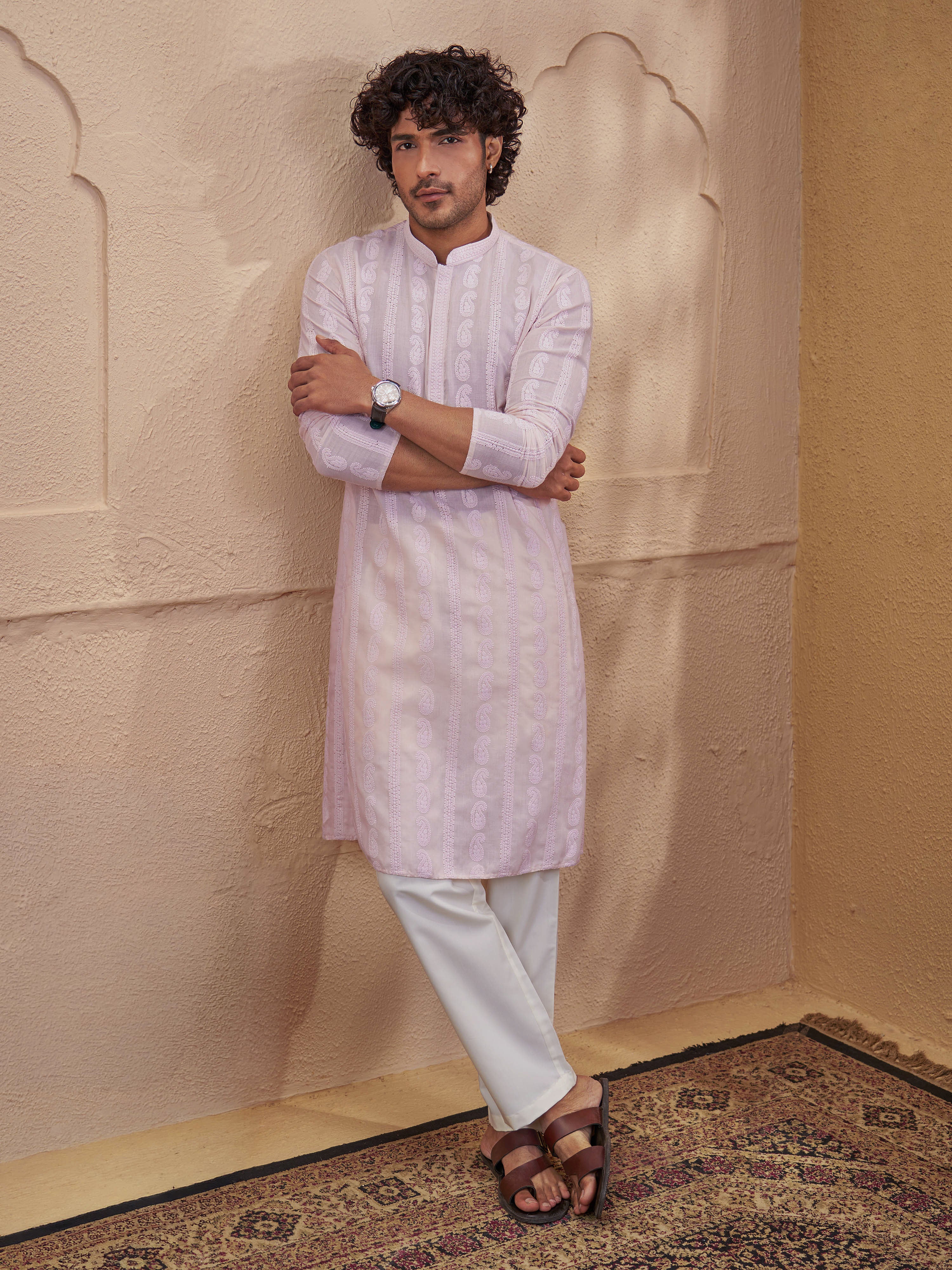 Vastramay Men Peach Cotton Chikankari Embroidered Kurta