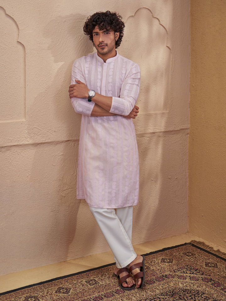 Vastramay Men Peach Cotton Chikankari Embroidered Kurta