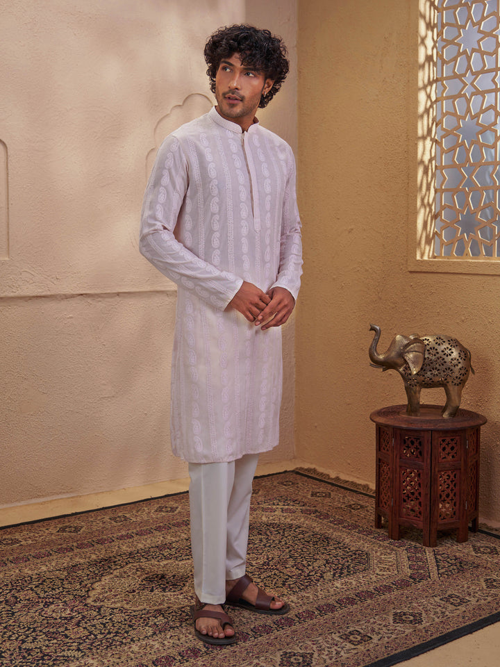 Men Peach Chikankari Cotton Kurta with Cream Pyjama Set