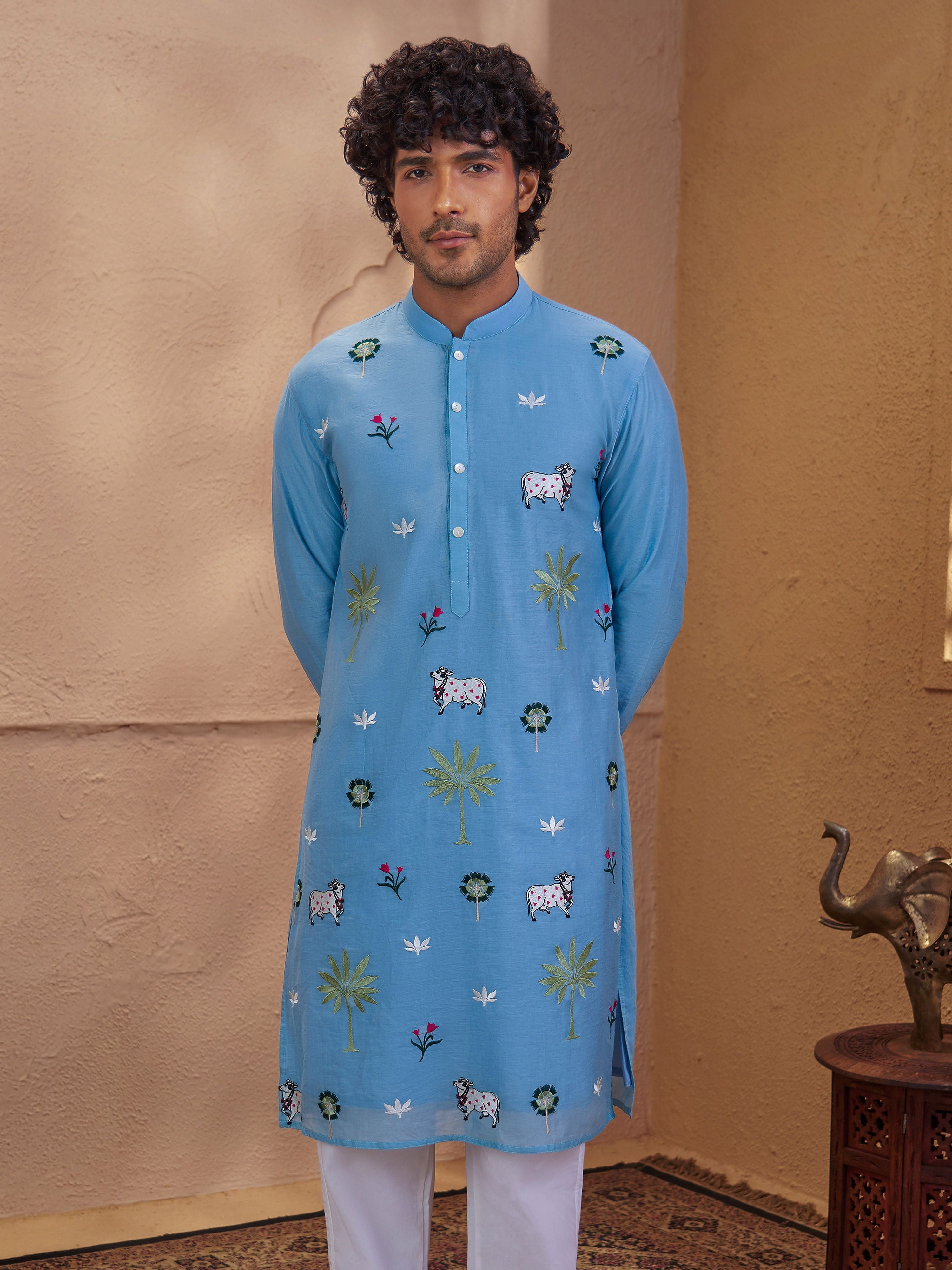 Men's Aqua Woven Fabric Embroidered Thigh Length Kurta