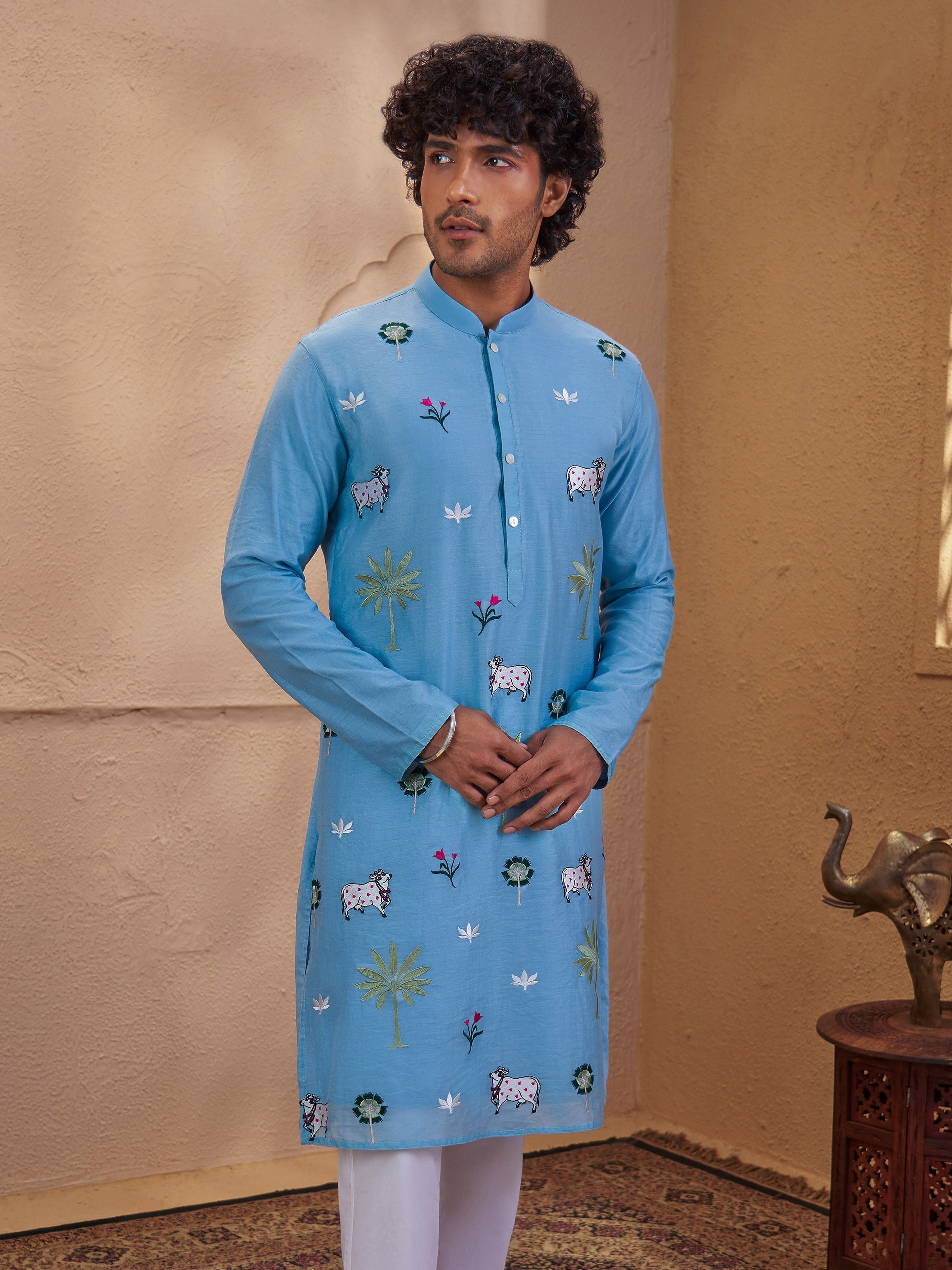 Men's Aqua Woven Fabric Embroidered Thigh Length Kurta
