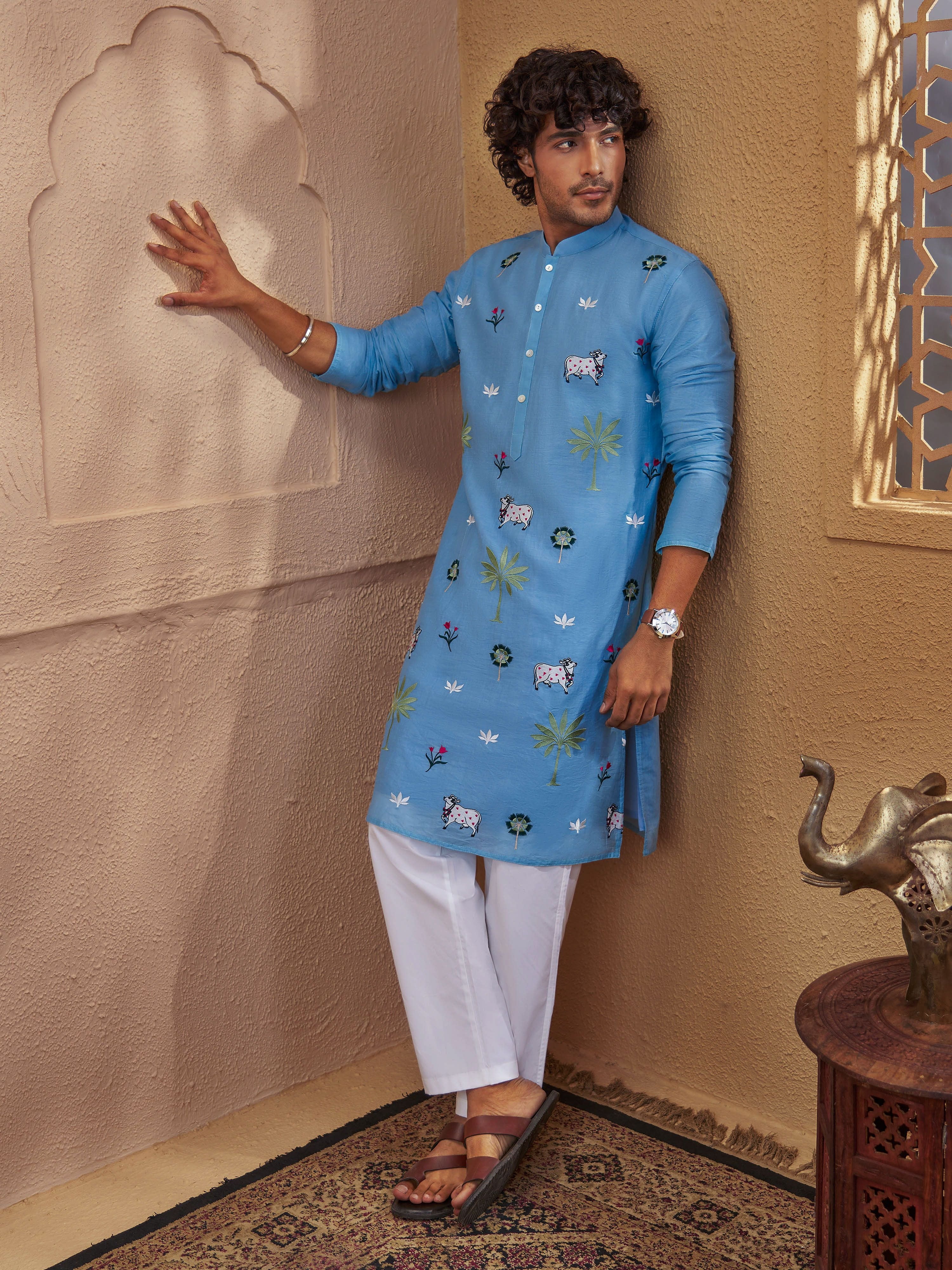 Men Aqua Cotton Embroidered Kurta Pyjama Set