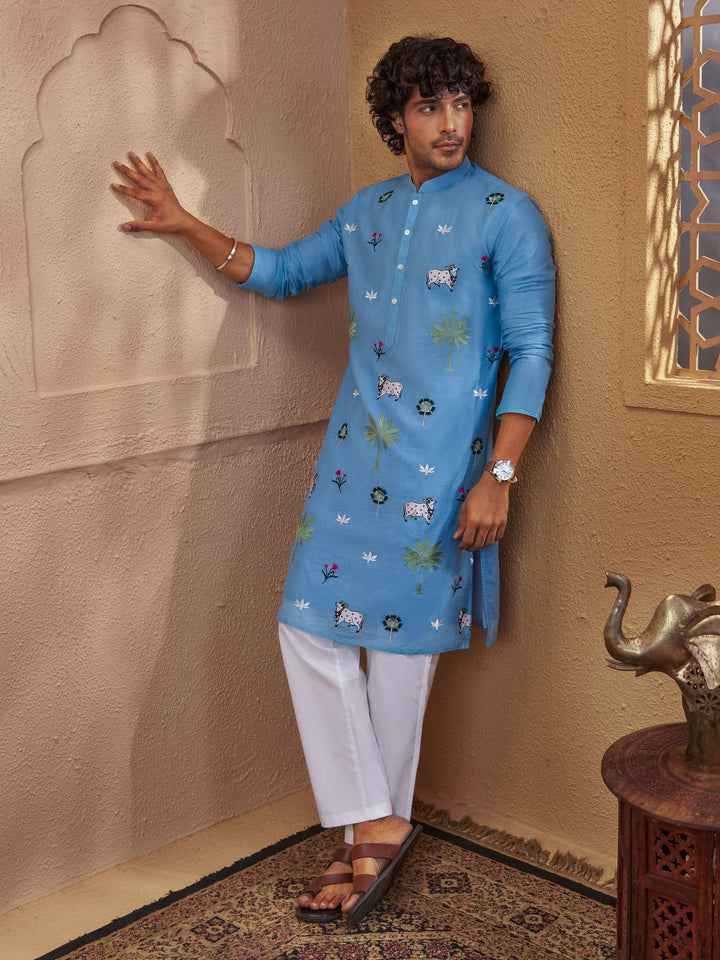 Men Aqua Cotton Embroidered Kurta Pyjama Set