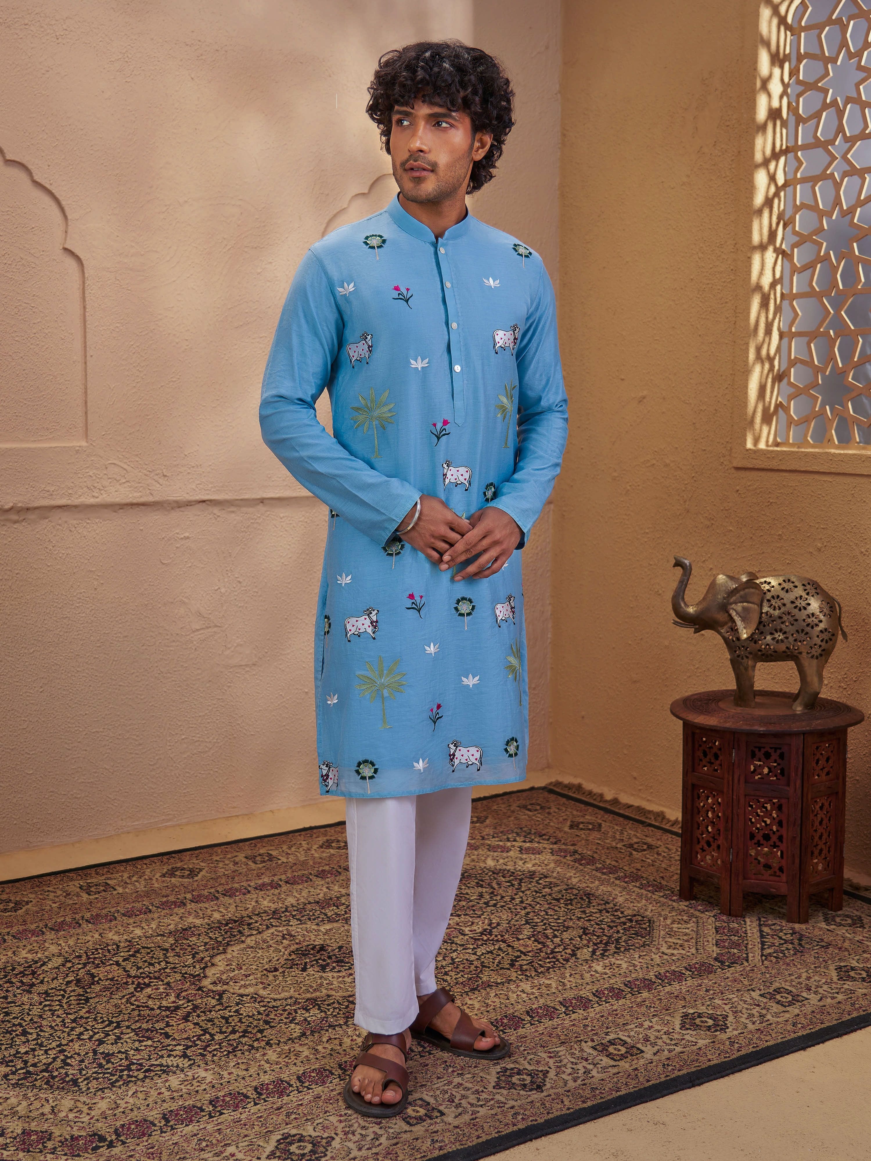 Men's Aqua Cotton Embroidered Thigh Length Kurta With Pyjama