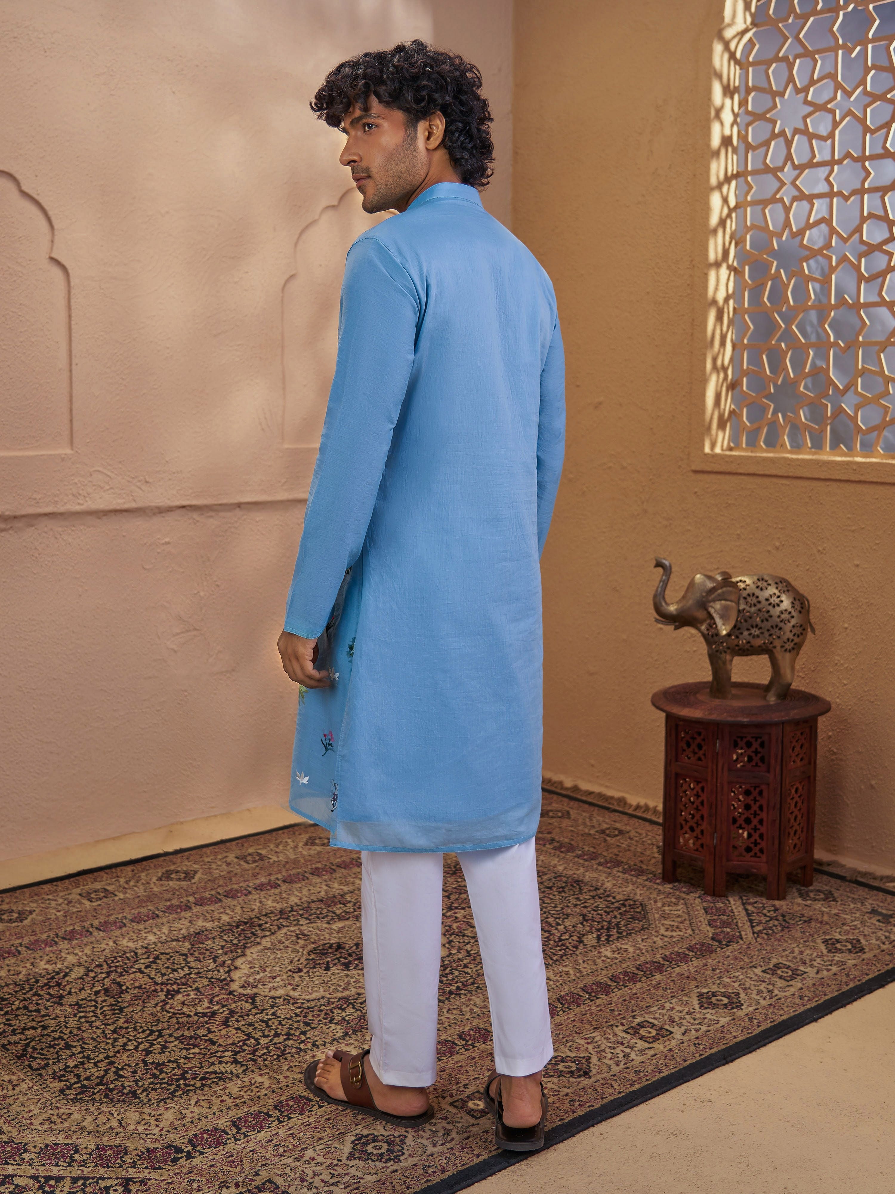 Men's Aqua Cotton Embroidered Thigh Length Kurta With Pyjama