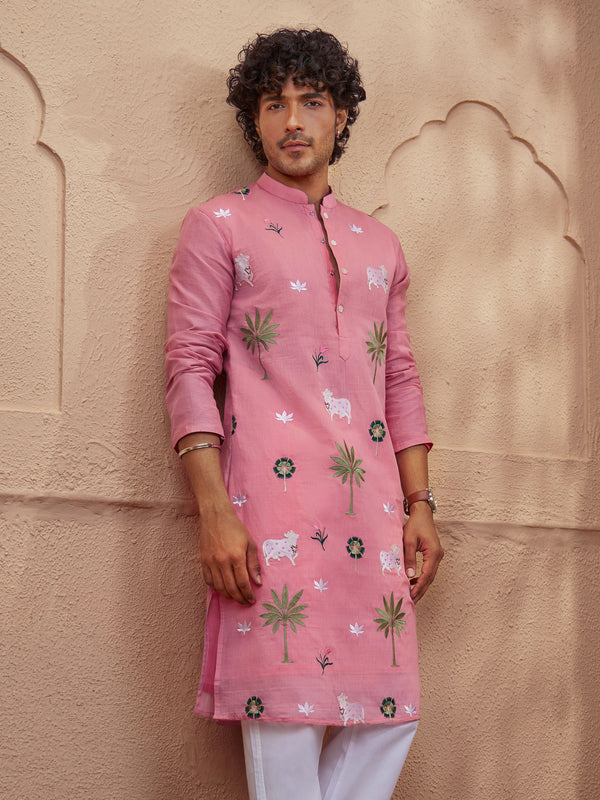 Men Pink Thread Embroidered Mandarin Collar Kurta
