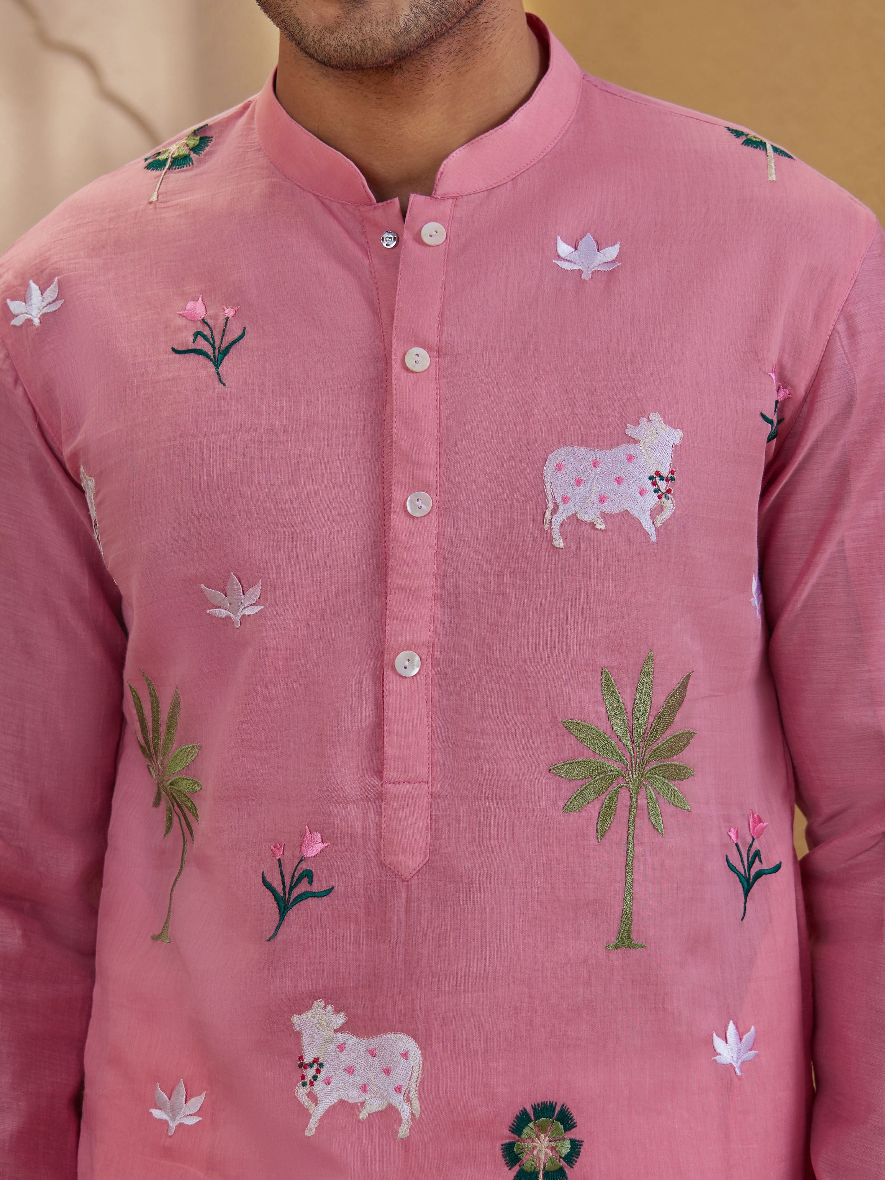 Men's Pink Cotton Embroidered Thigh Length Kurta With Pyjama