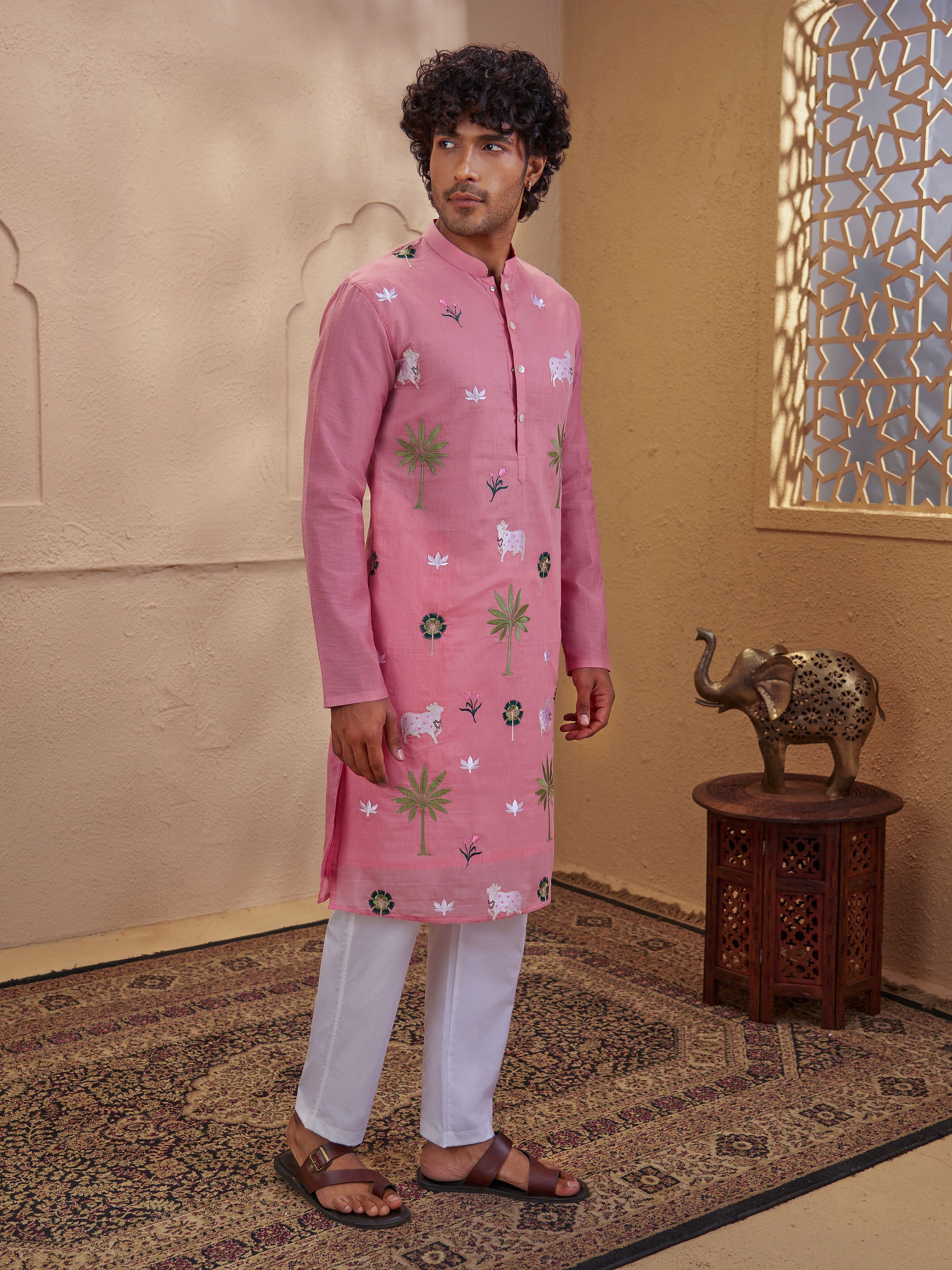 Men's Pink Cotton Embroidered Thigh Length Kurta With Pyjama