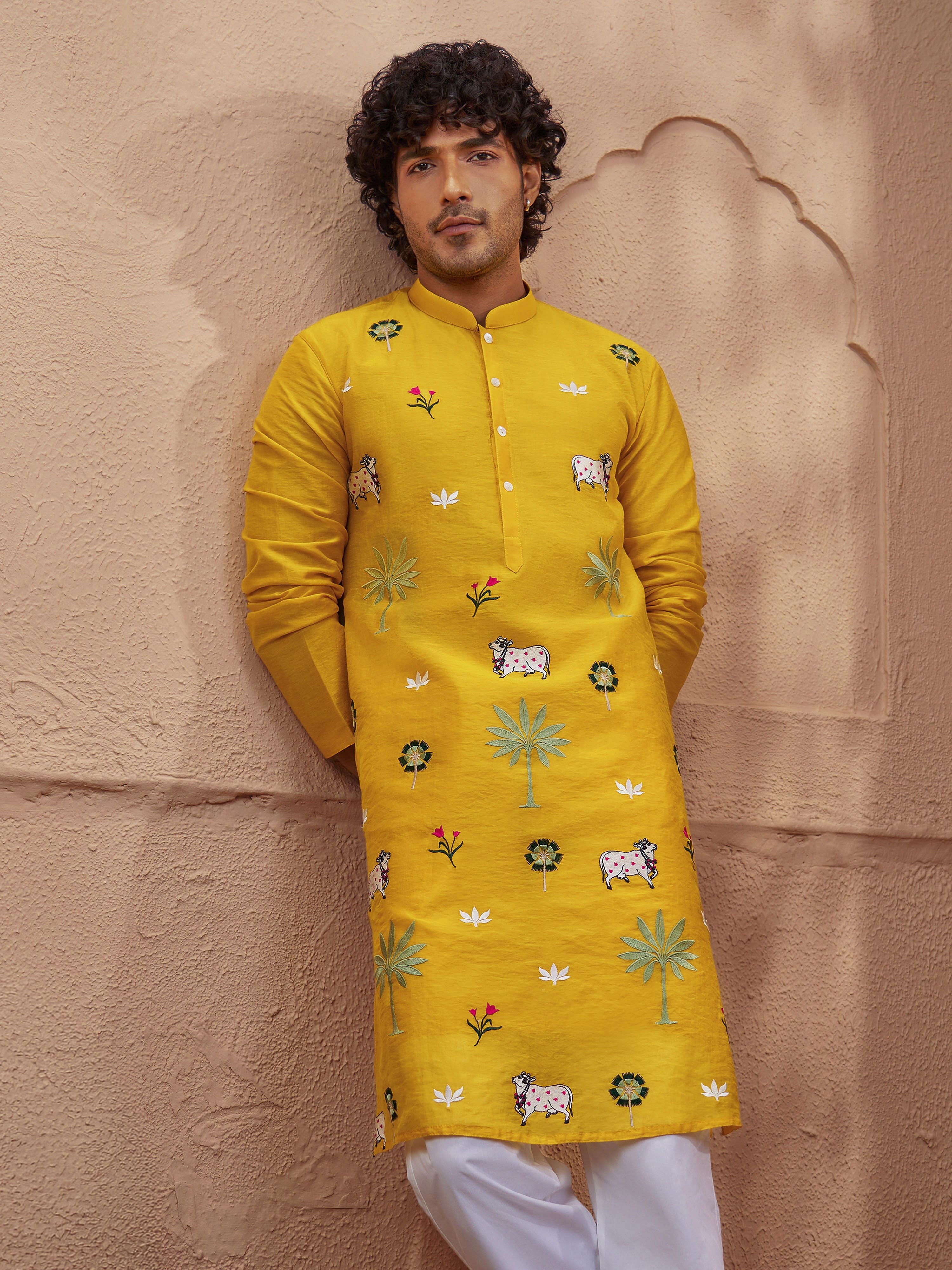 Men Yellow Embroidered Kurta with Mandarin Collar