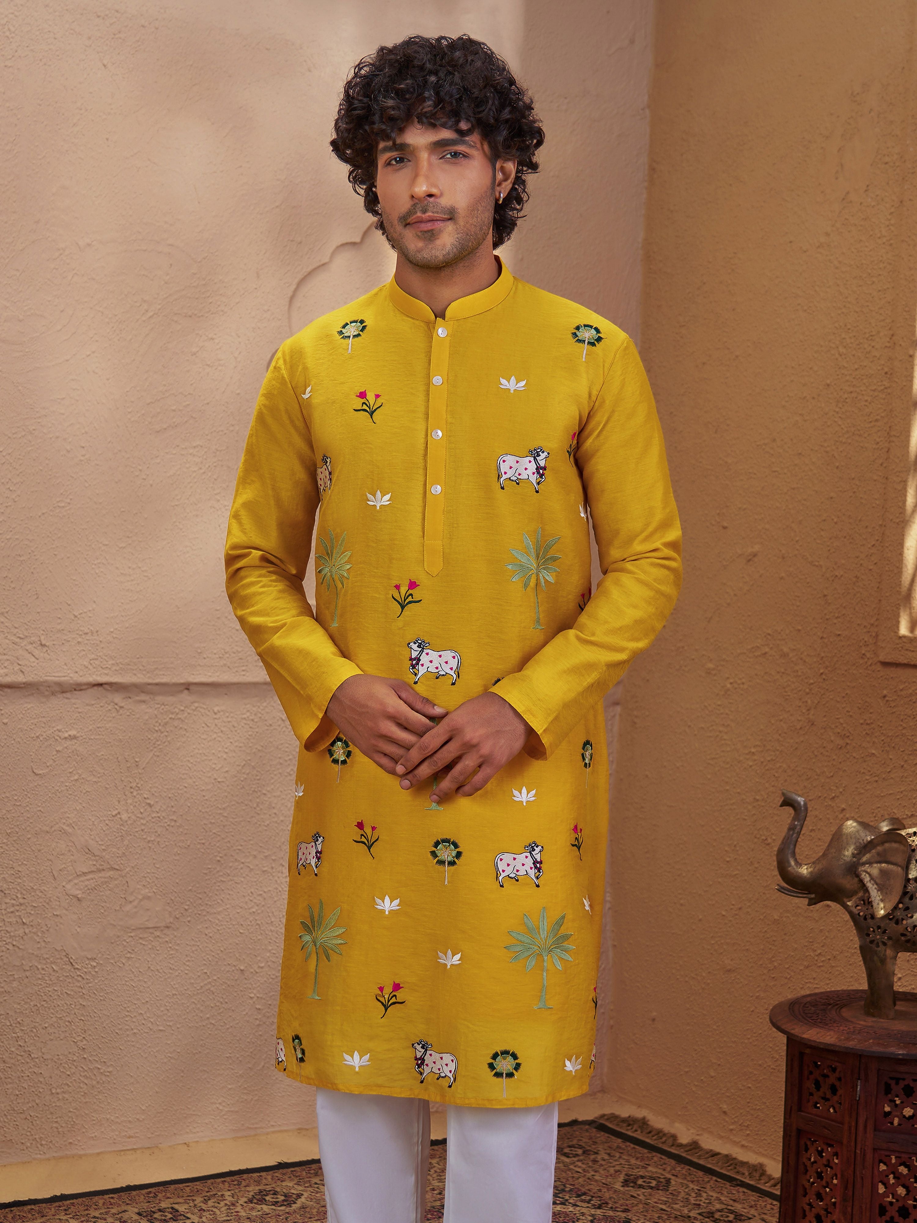Men's Yellow Woven Fabric Embroidered Thigh Length Kurta