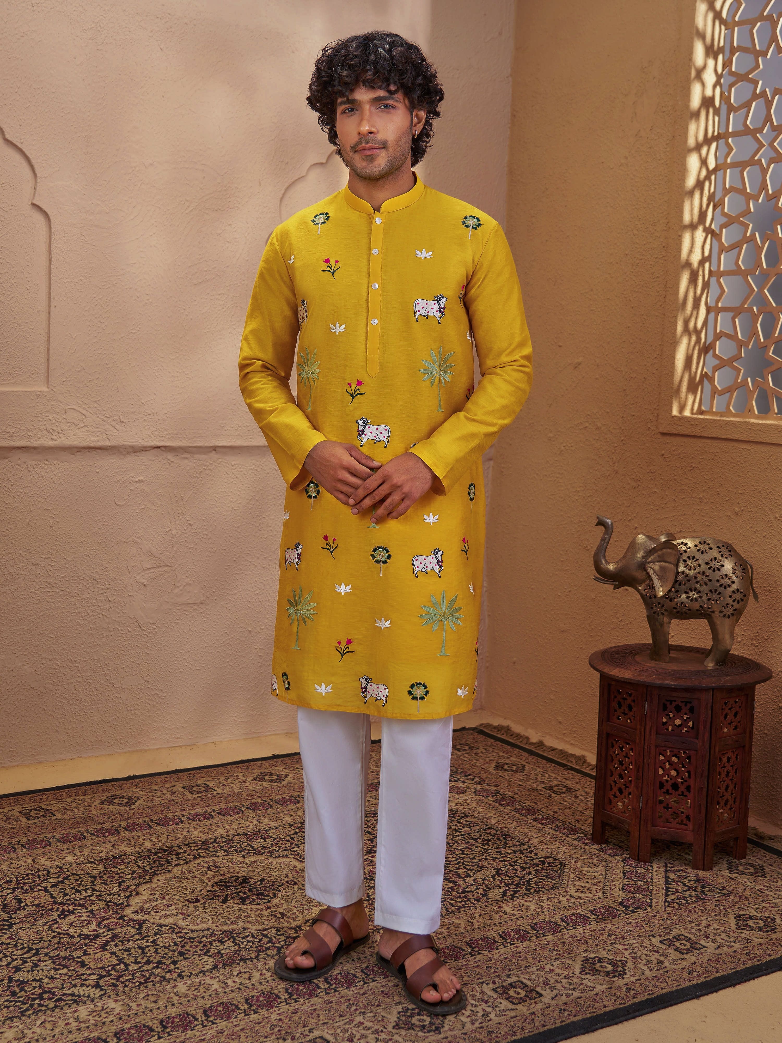 Men's Yellow Cotton Embroidered Thigh Length Kurta With Pyjama