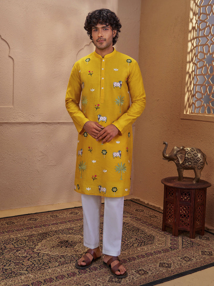 Men Yellow Chanderi Silk Pichwai Embroidered Kurta with Pyjama Set