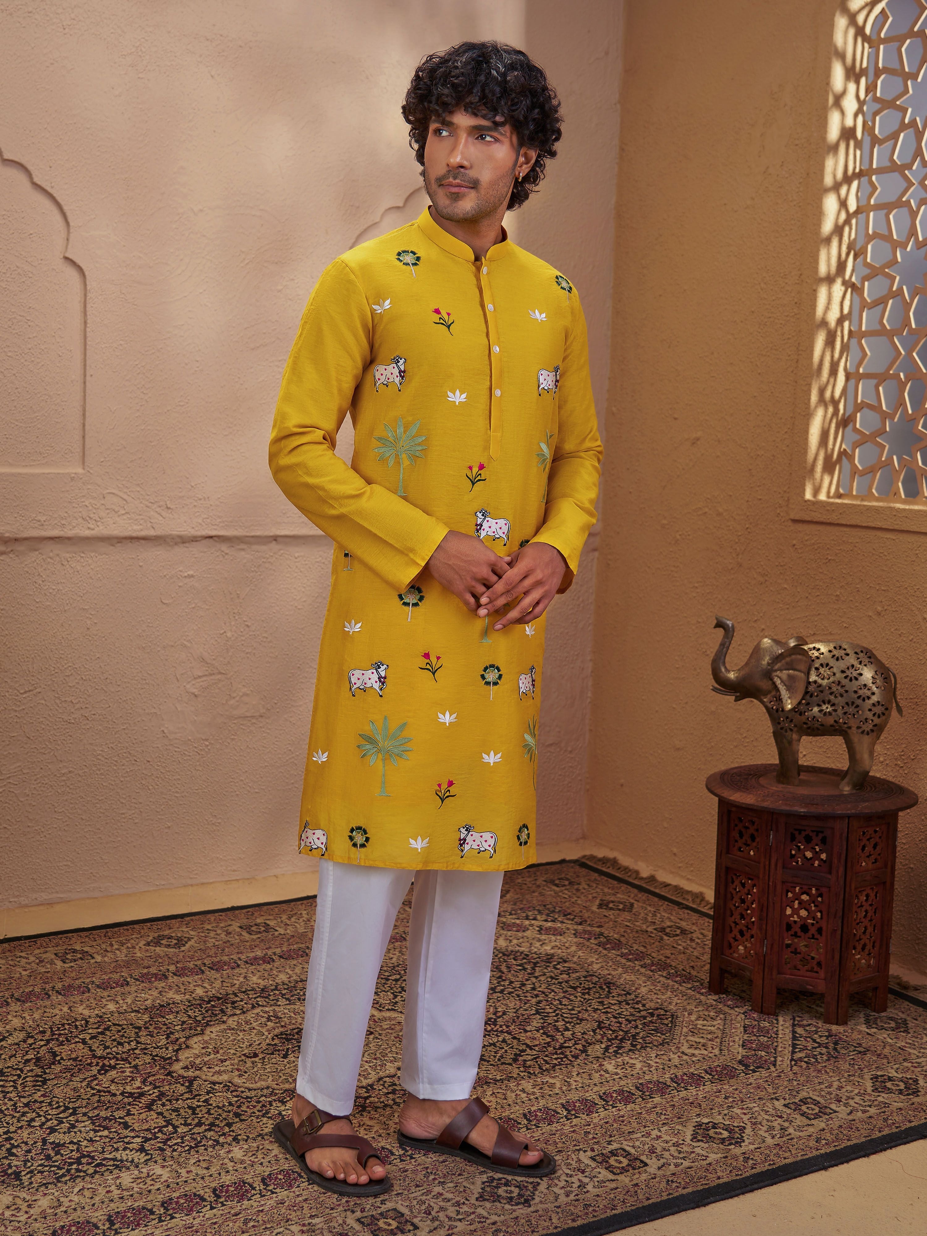 Men's Yellow Cotton Embroidered Thigh Length Kurta With Pyjama