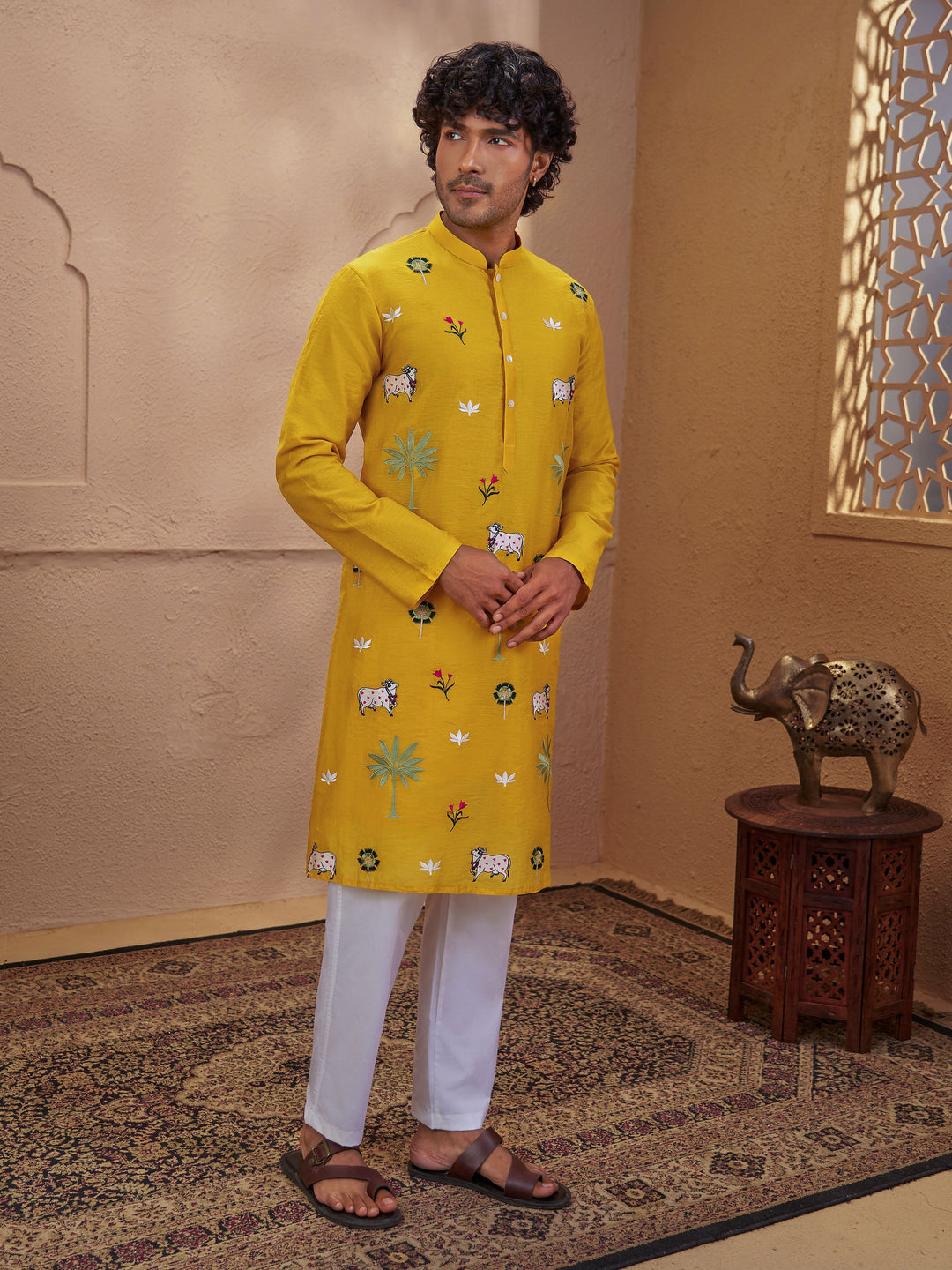Men Yellow Chanderi Silk Pichwai Embroidered Kurta with Pyjama Set