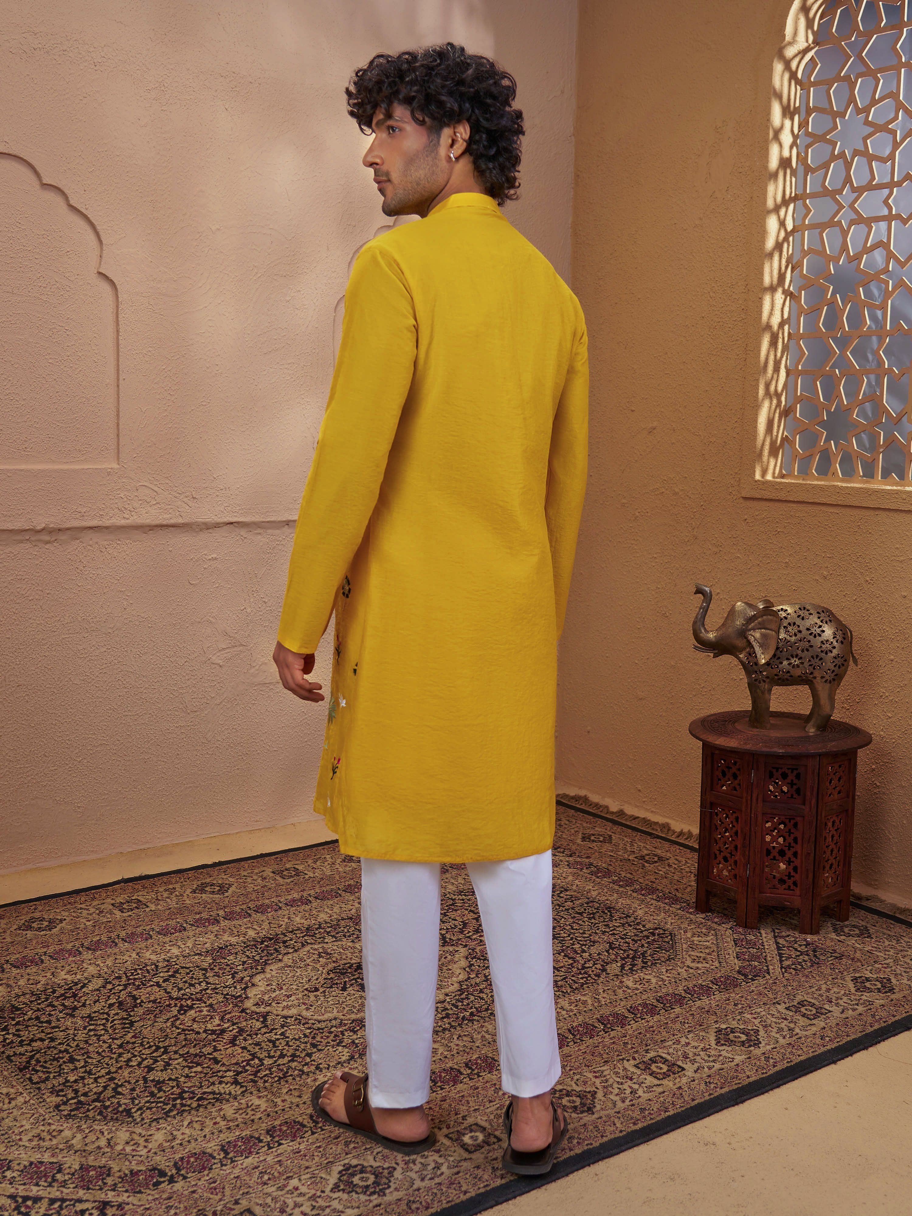 Men's Yellow Cotton Embroidered Thigh Length Kurta With Pyjama