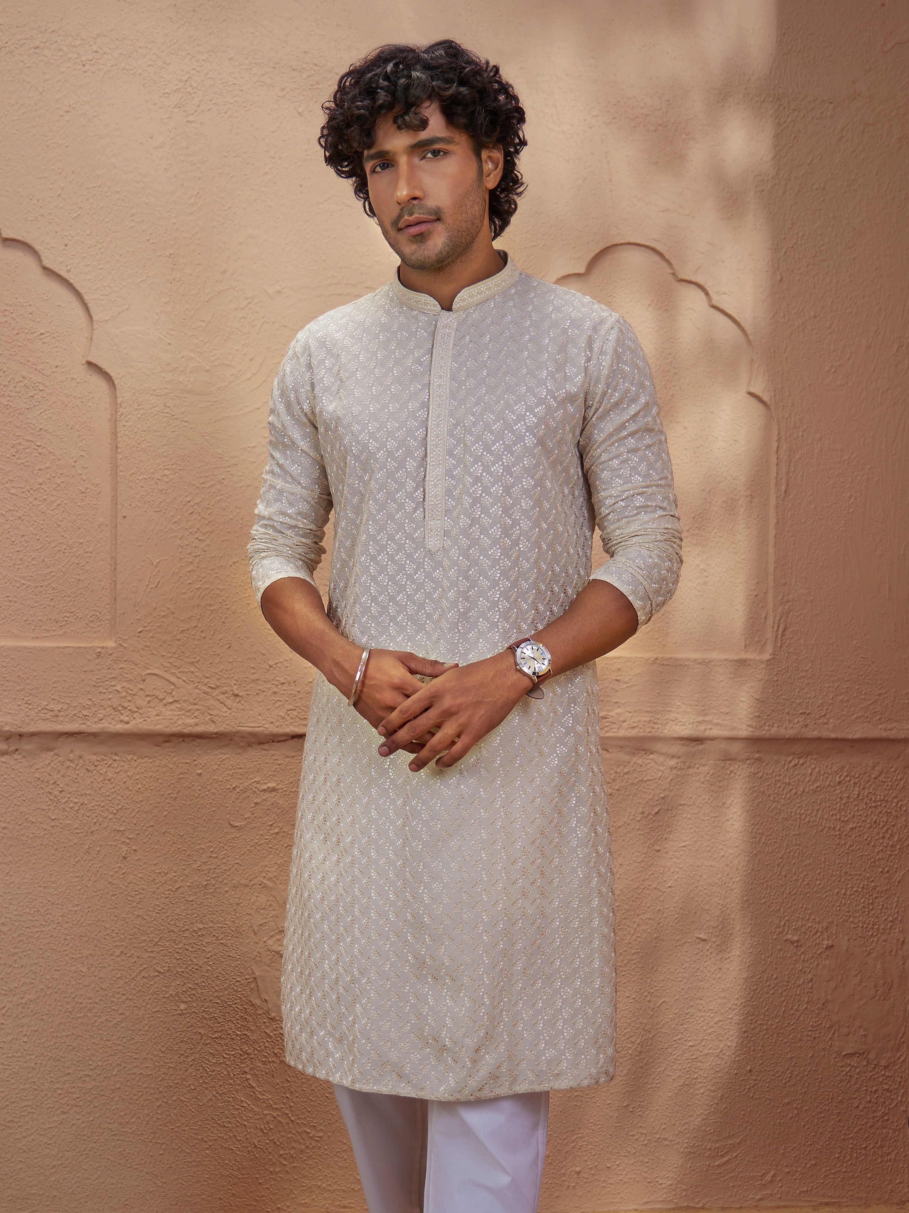 Men Beige Jacquard Zari Embroidered Mandarin Collar Kurta