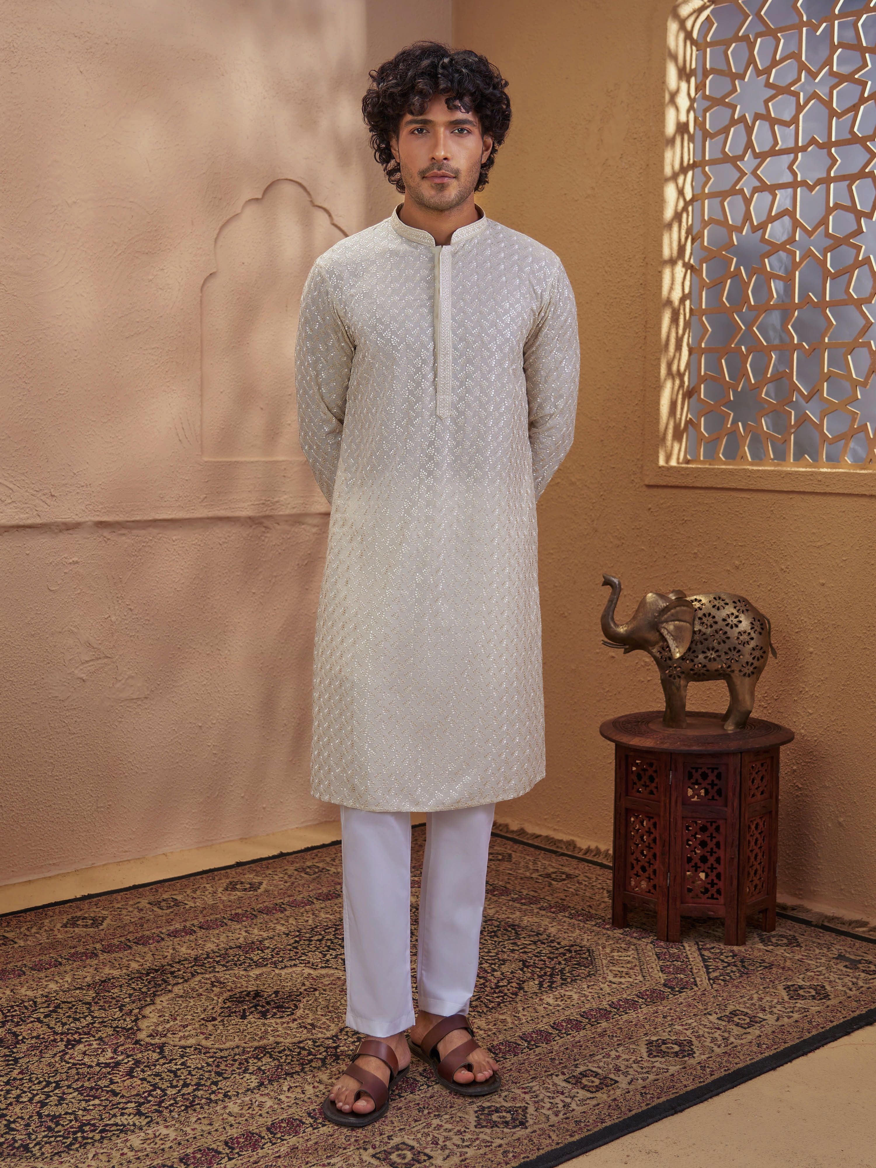Men's Beige Cotton Embroidered Thigh Length Kurta With Pyjama