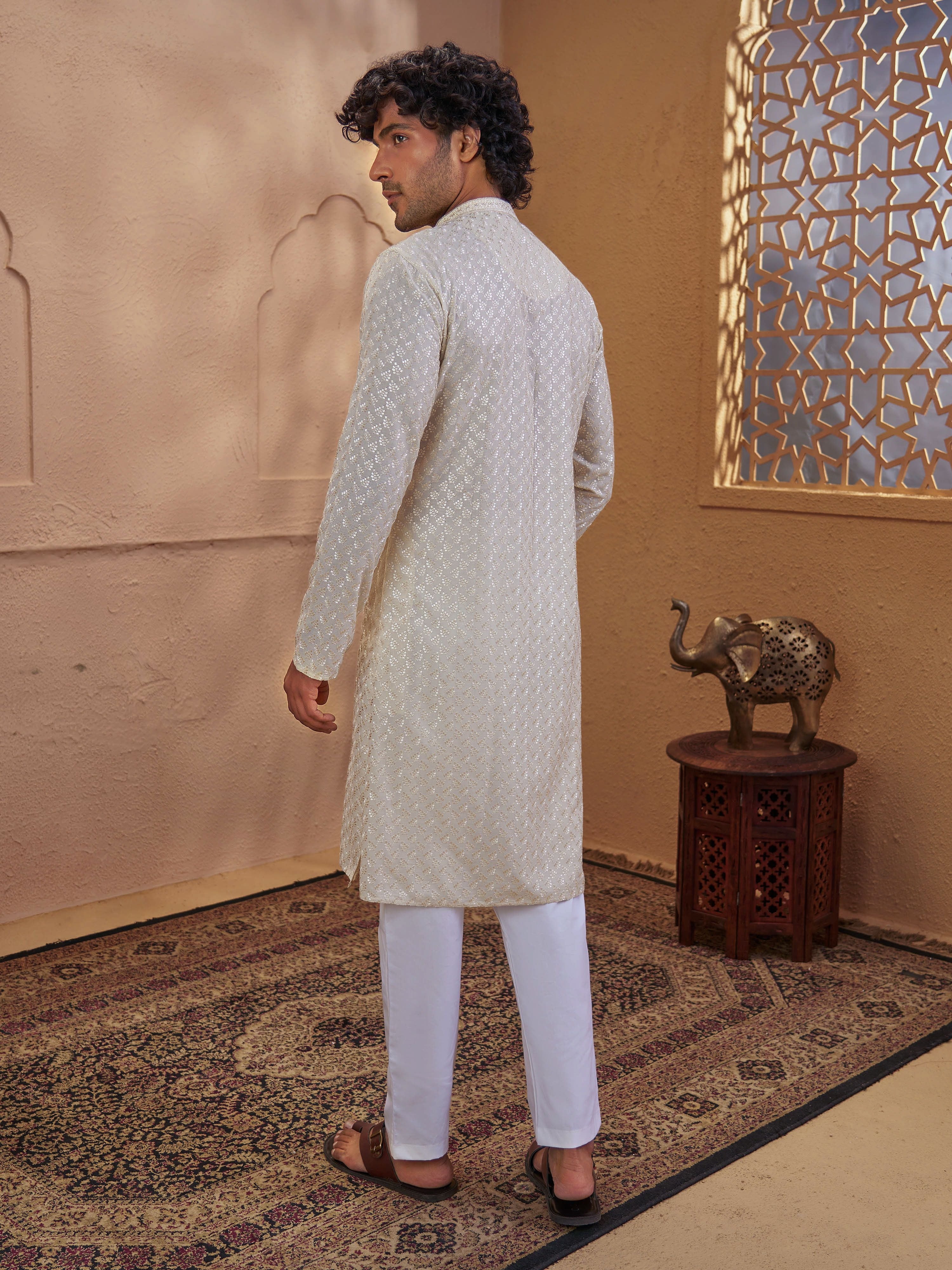 Men's Beige Cotton Embroidered Thigh Length Kurta With Pyjama