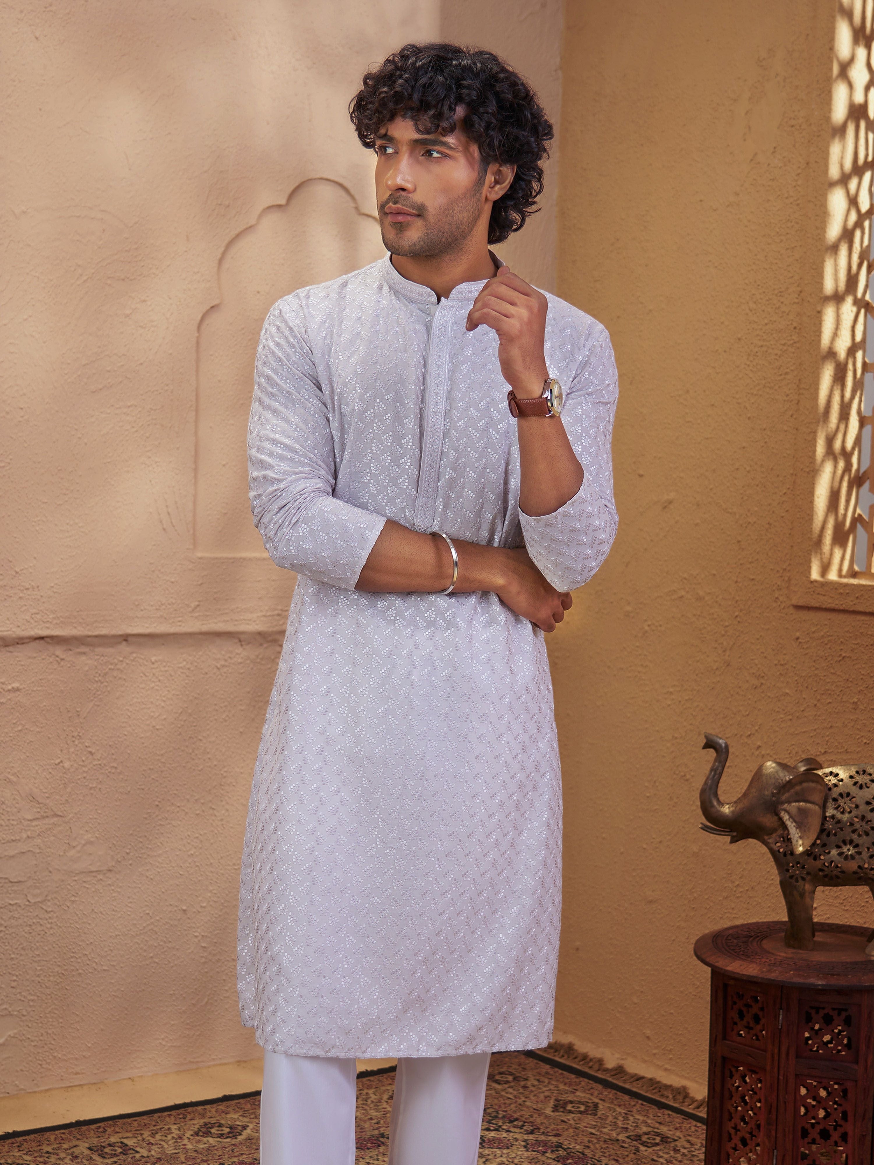 Men Grey Embroidered Kurta with Mandarin Collar