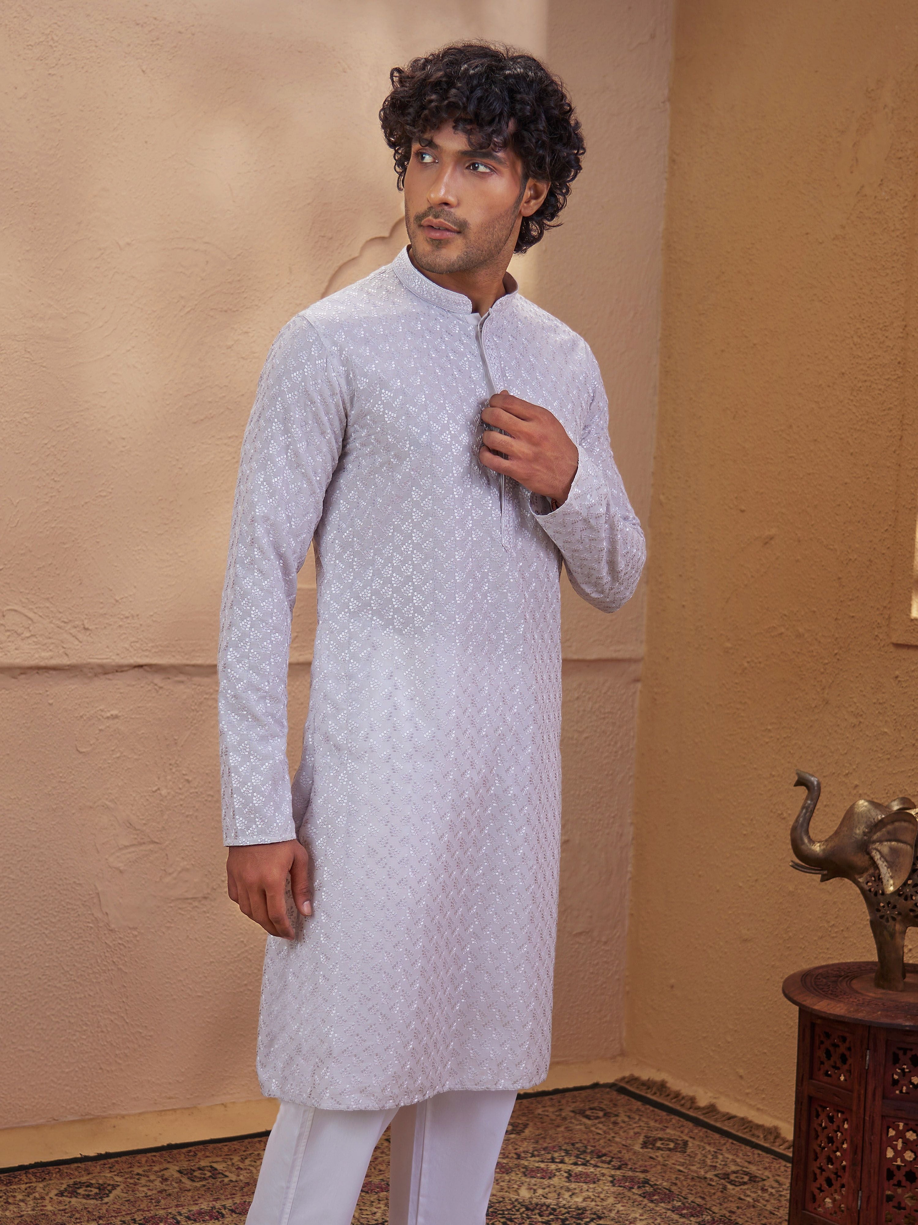 Men's Grey Woven Fabric Embroidered Thigh Length Kurta