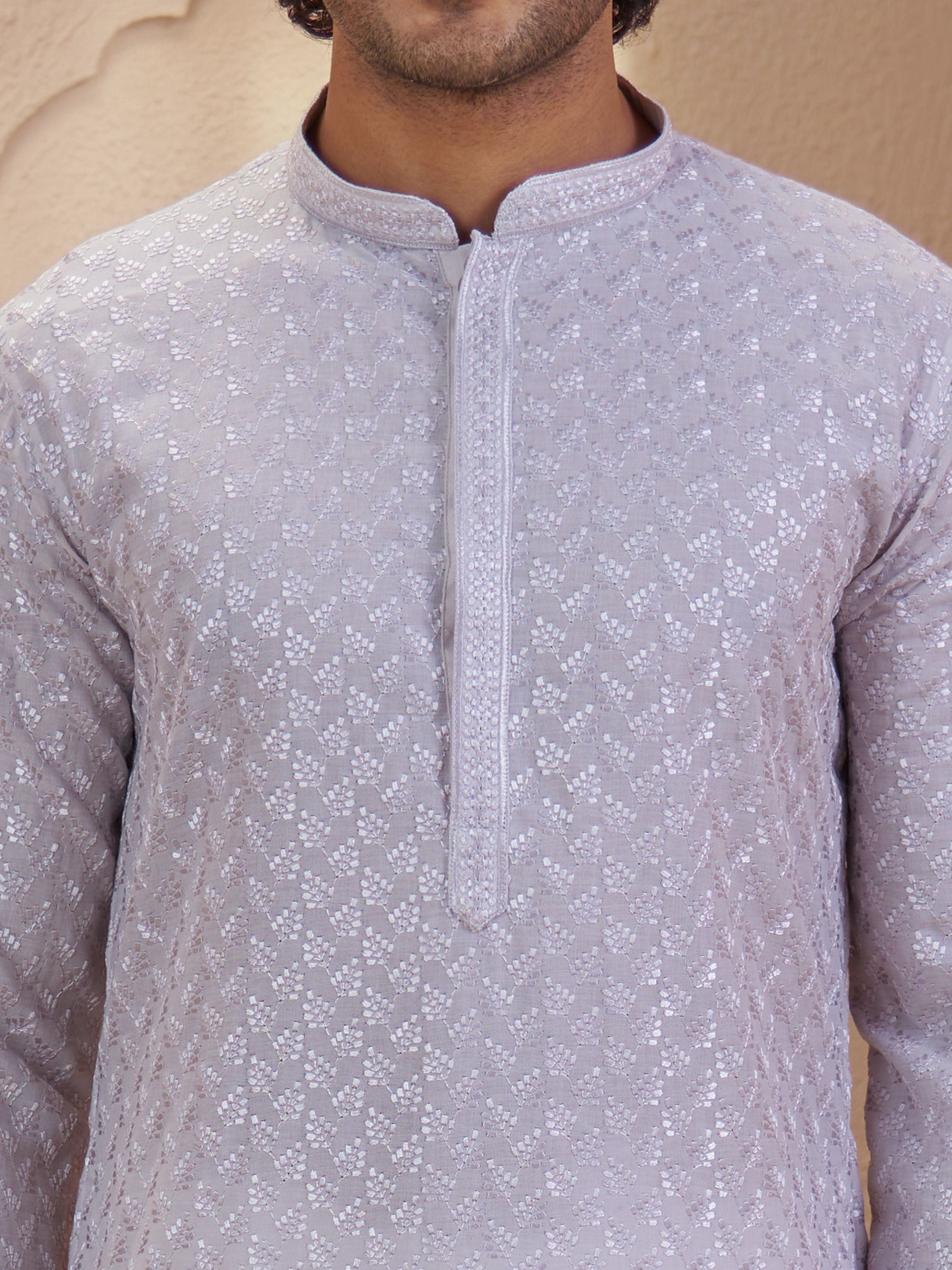 Men's Grey Cotton Embroidered Thigh Length Kurta With Pyjama
