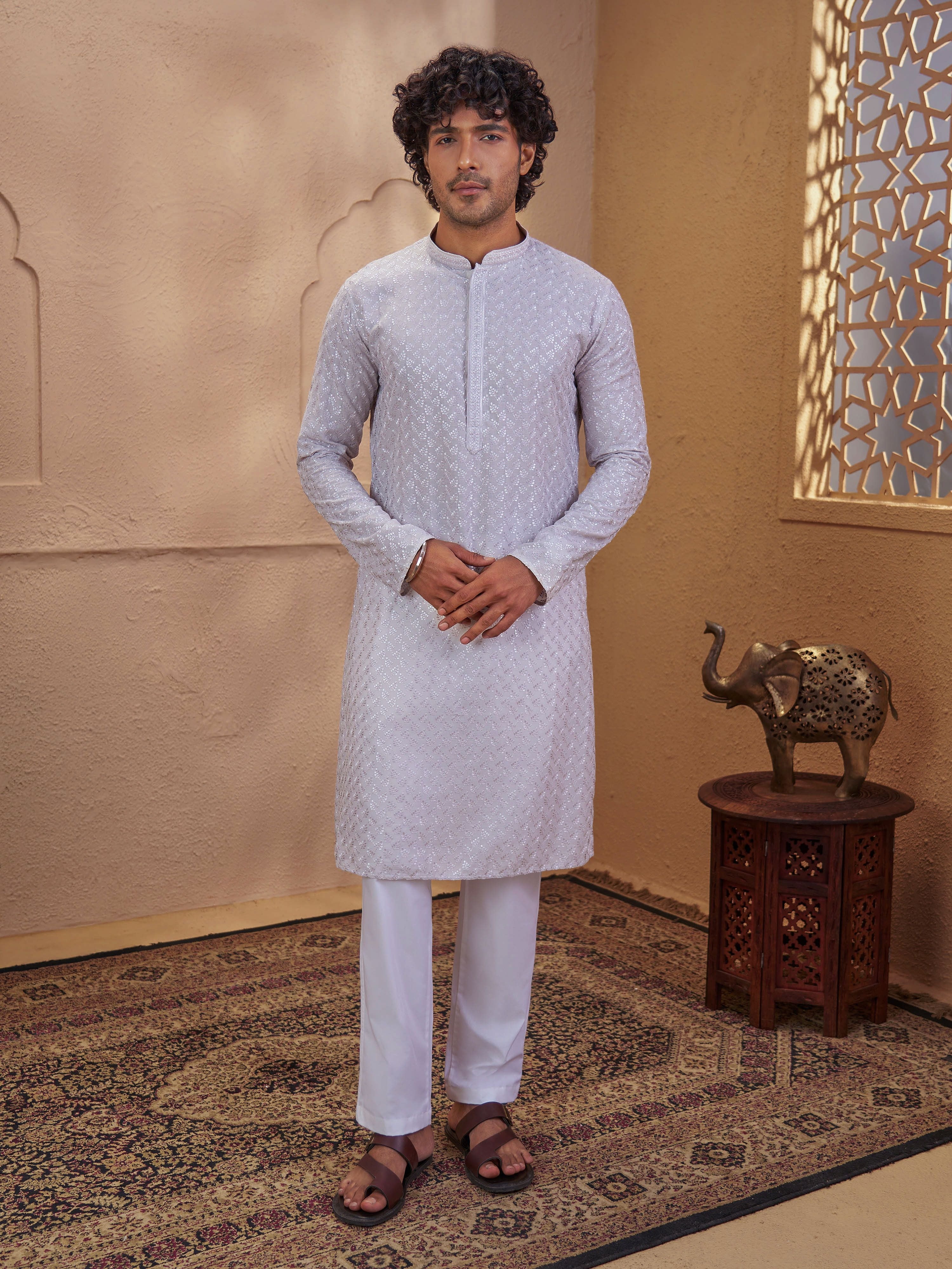 Men's Grey Cotton Embroidered Thigh Length Kurta With Pyjama
