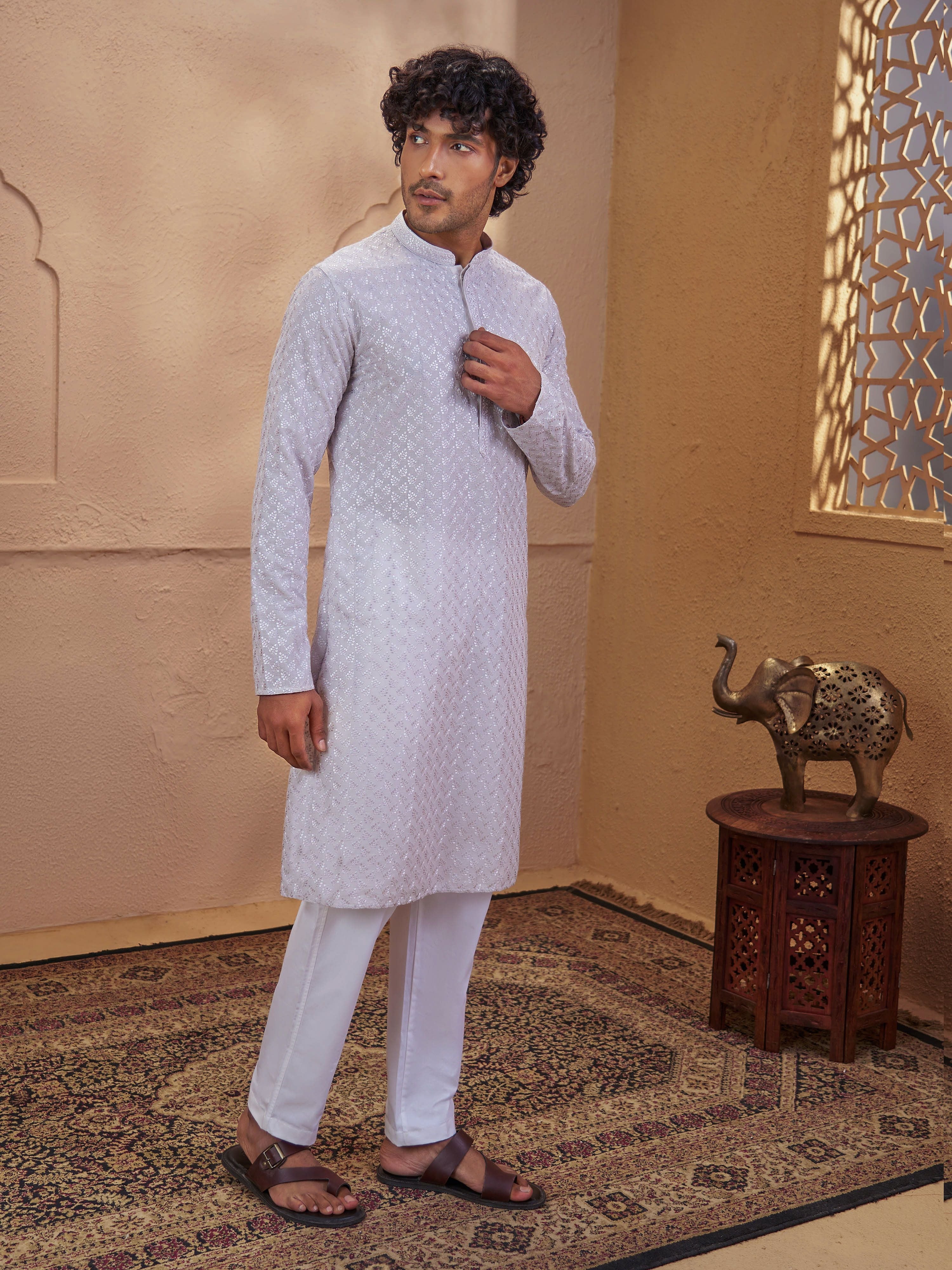Men's Grey Cotton Embroidered Thigh Length Kurta With Pyjama