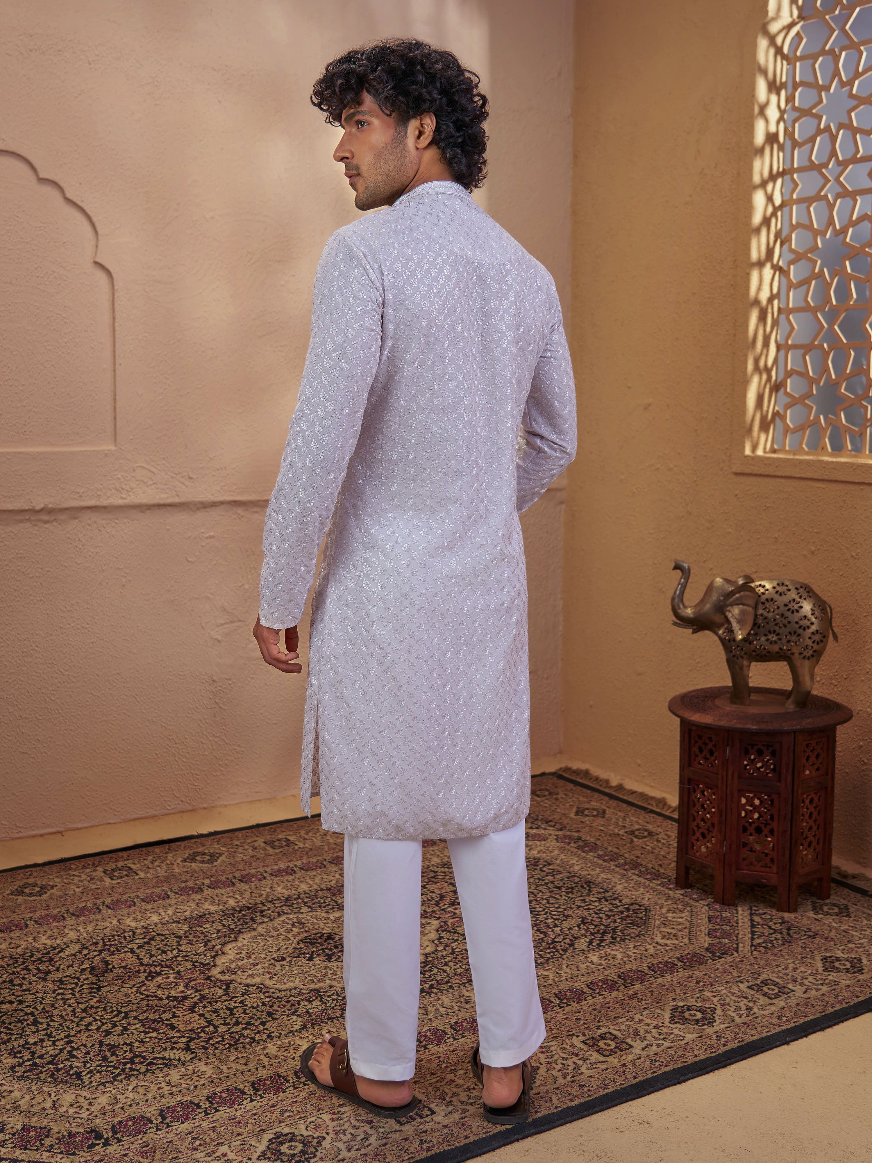 Men's Grey Cotton Embroidered Thigh Length Kurta With Pyjama