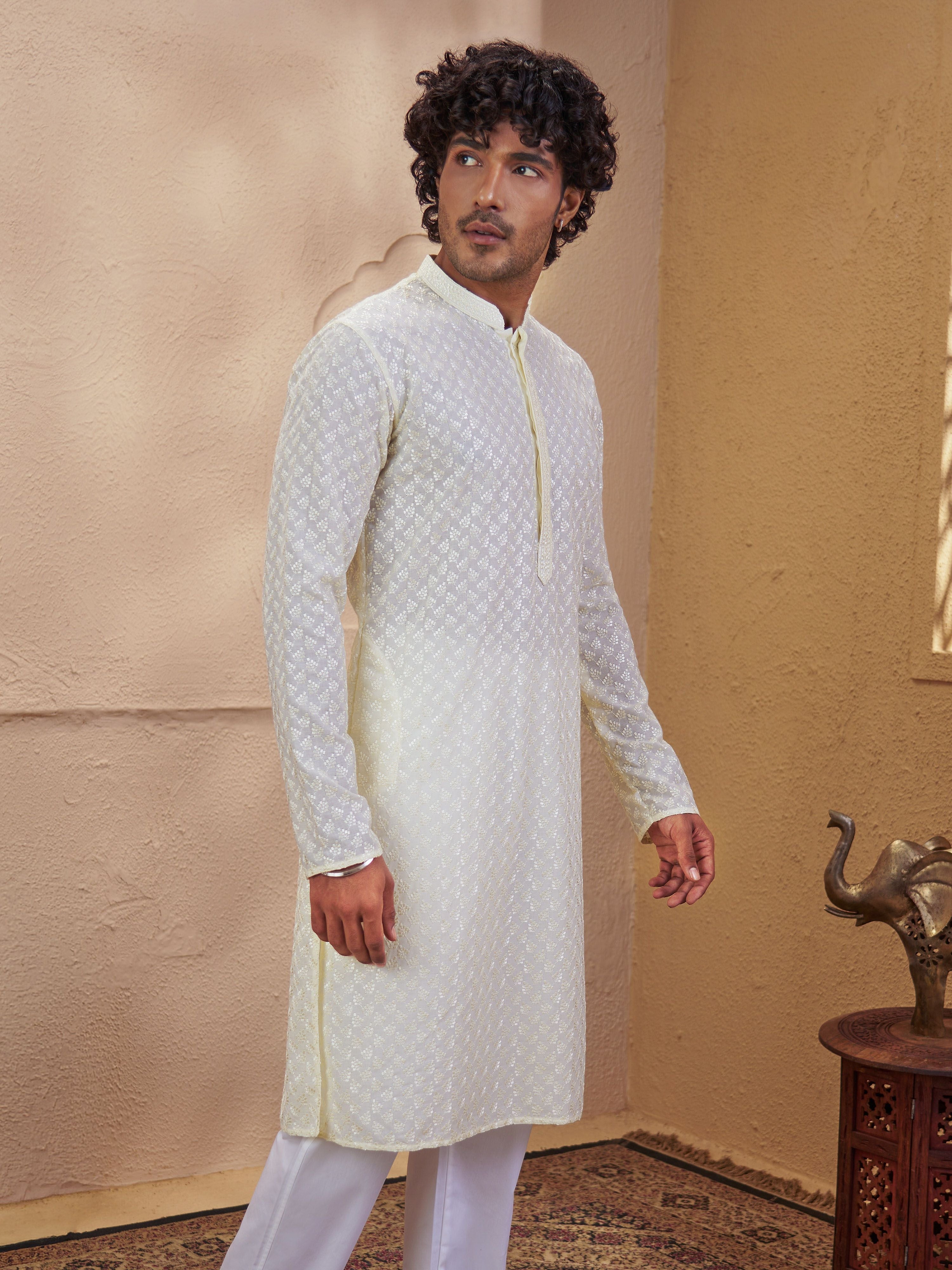 Men's Light Yellow Woven Fabric Embroidered Thigh Length Kurta