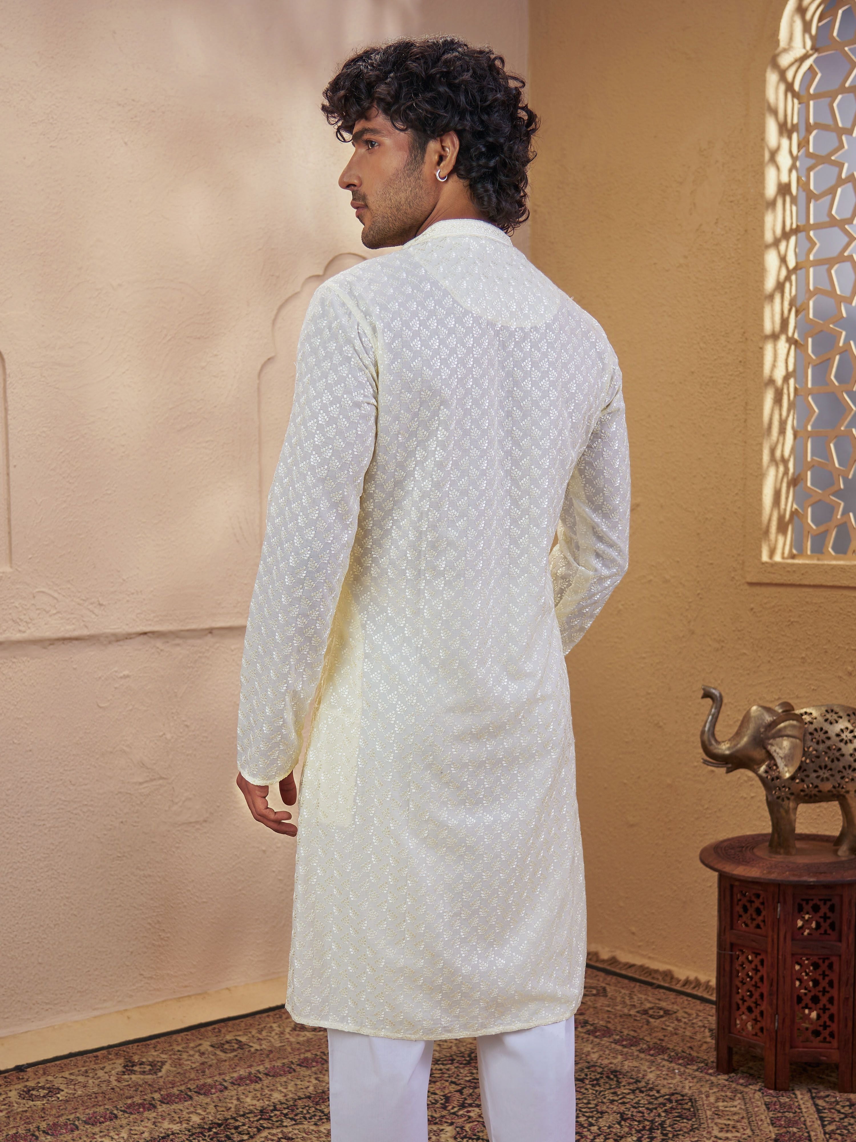 Men's Light Yellow Woven Fabric Embroidered Thigh Length Kurta