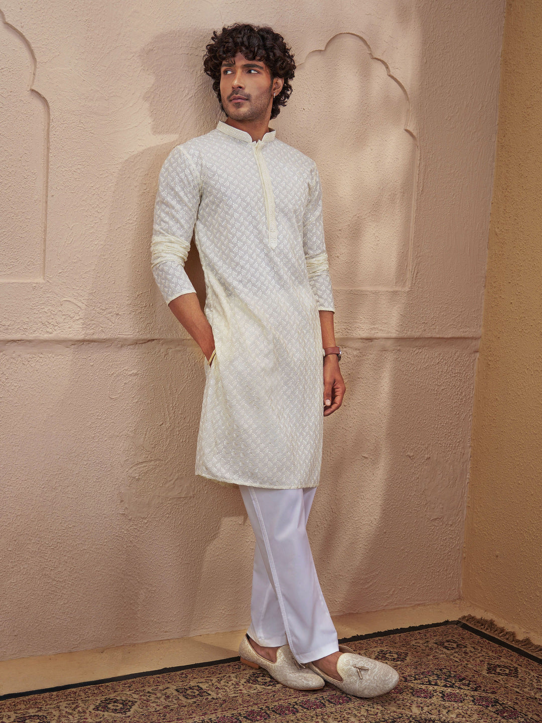 Light Yellow Cotton Embroidered Kurta Pyjama Set