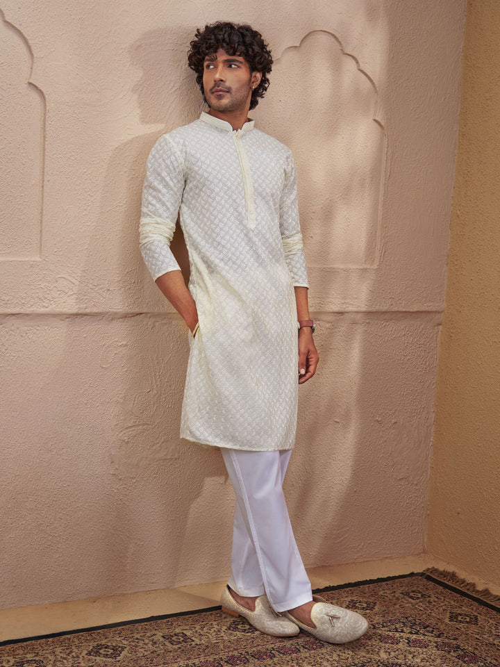 Light Yellow Cotton Embroidered Kurta Pyjama Set