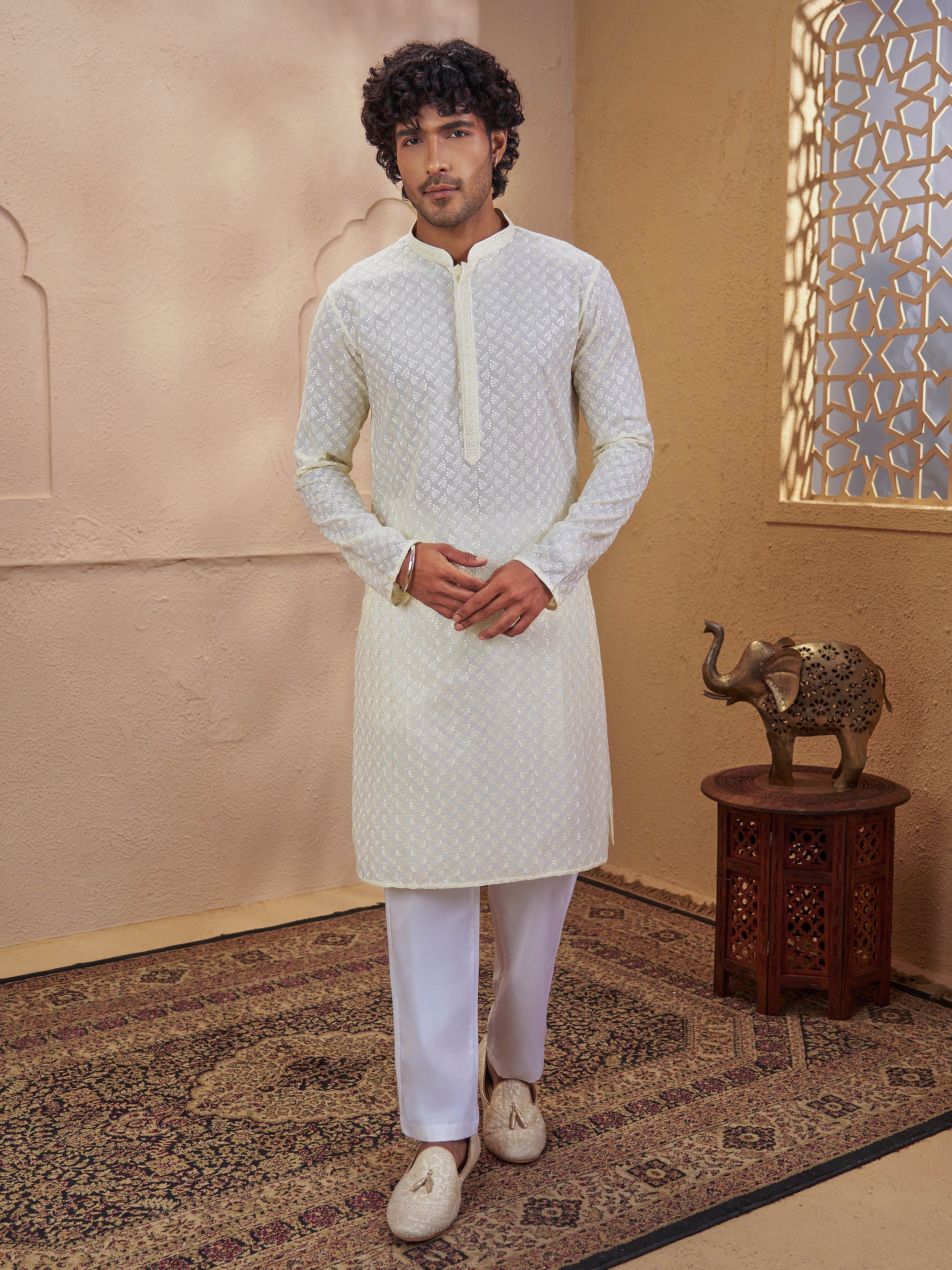 Men's Light Yellow Cotton Embroidered Thigh Length Kurta With Pyjama