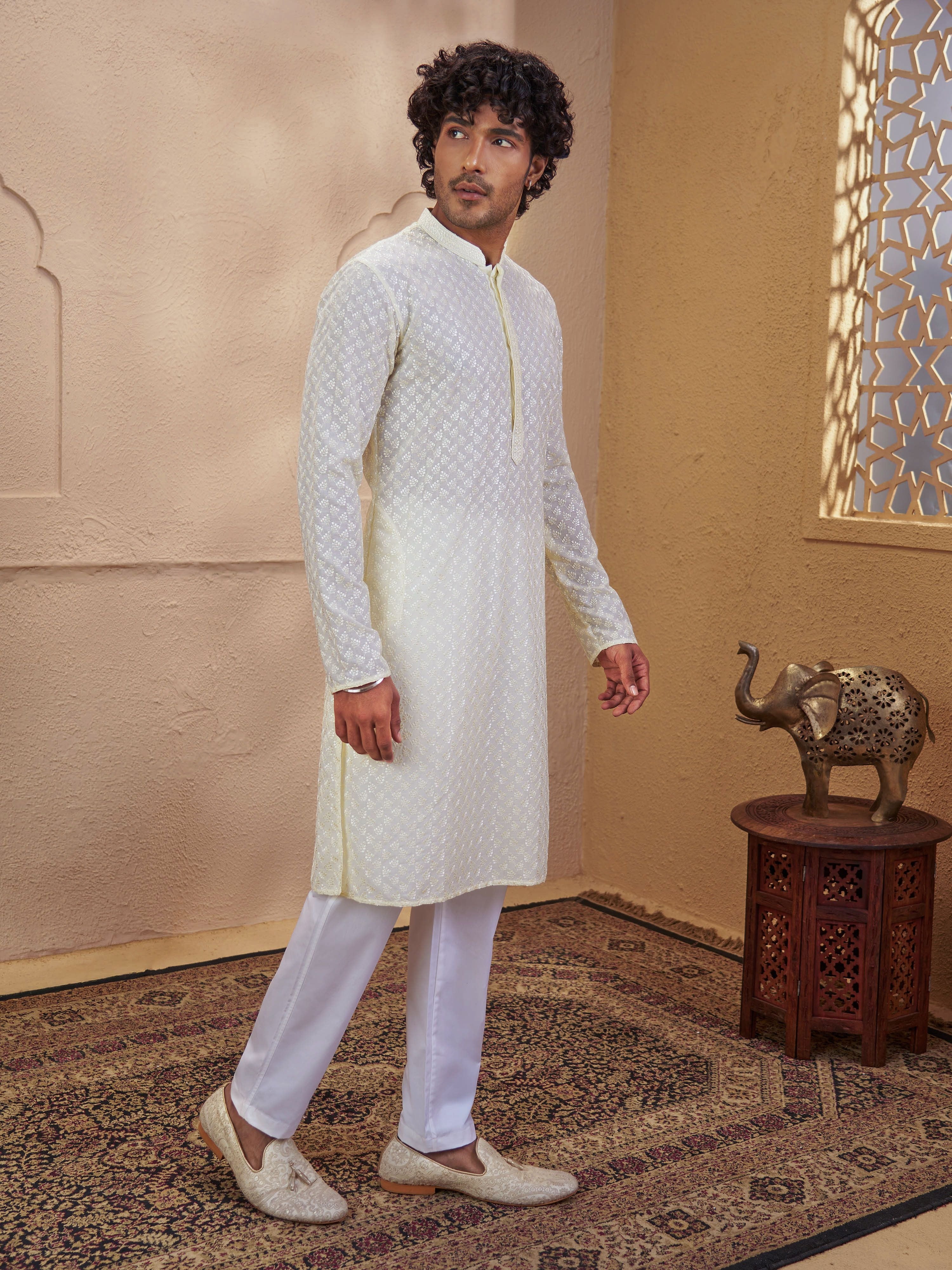 Men's Light Yellow Cotton Embroidered Thigh Length Kurta With Pyjama