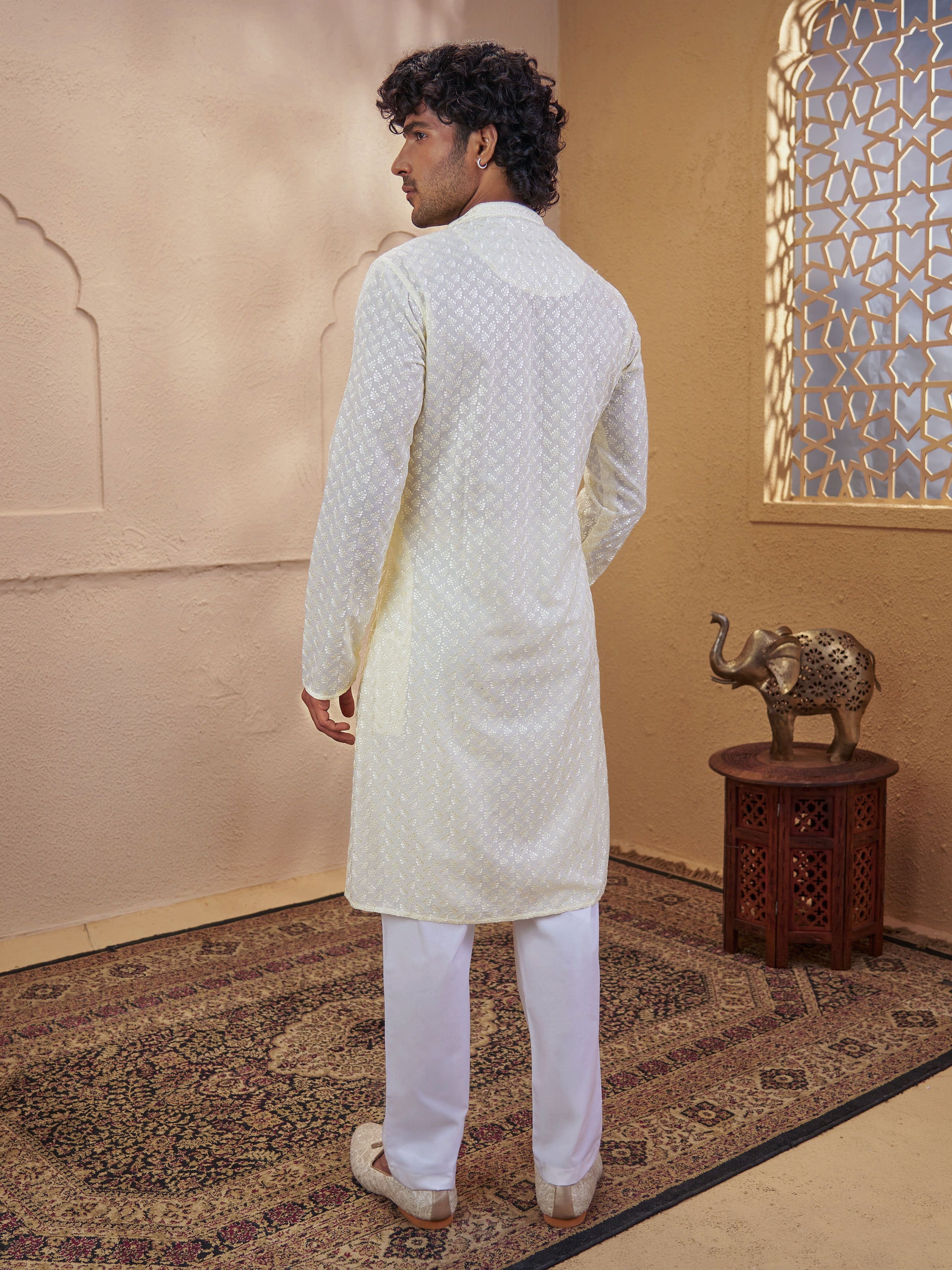 Men's Light Yellow Cotton Embroidered Thigh Length Kurta With Pyjama
