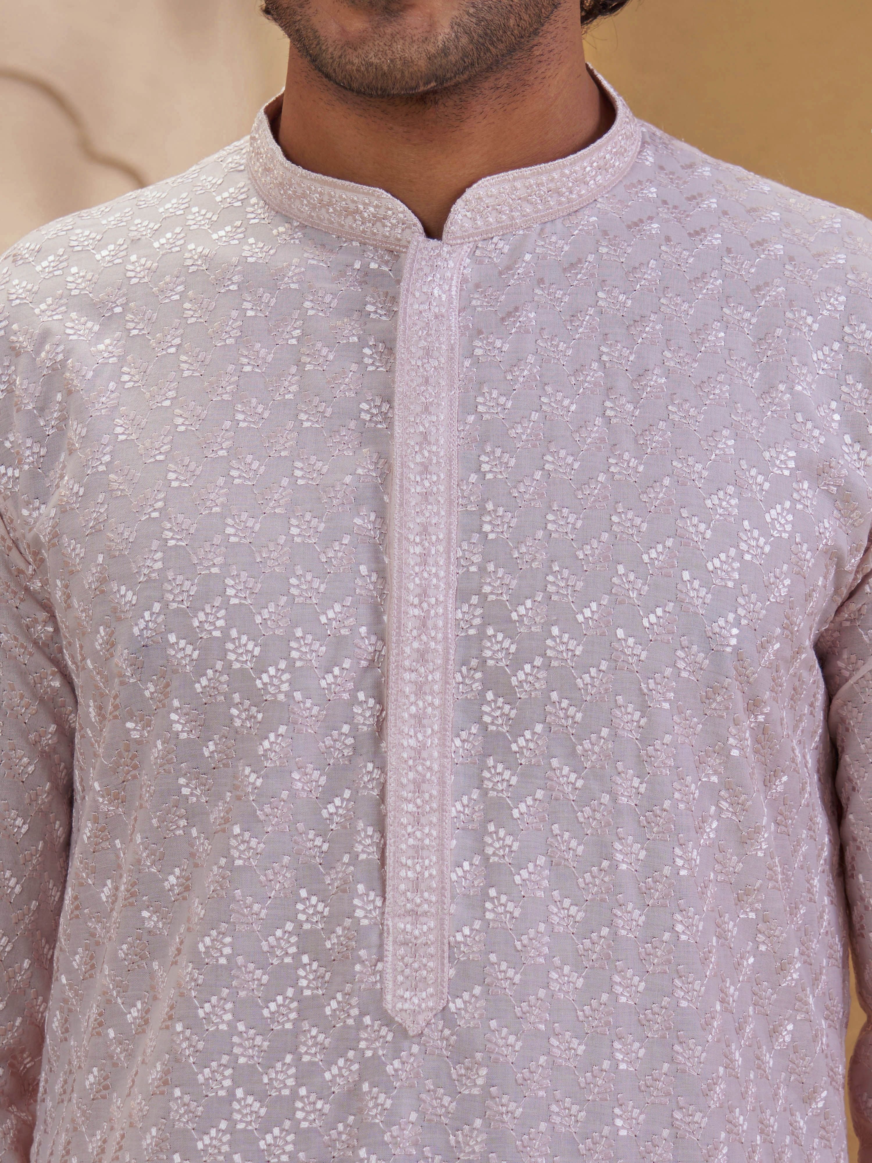 Men's Peach Jacquard+ Embroidered Thigh Length Kurta