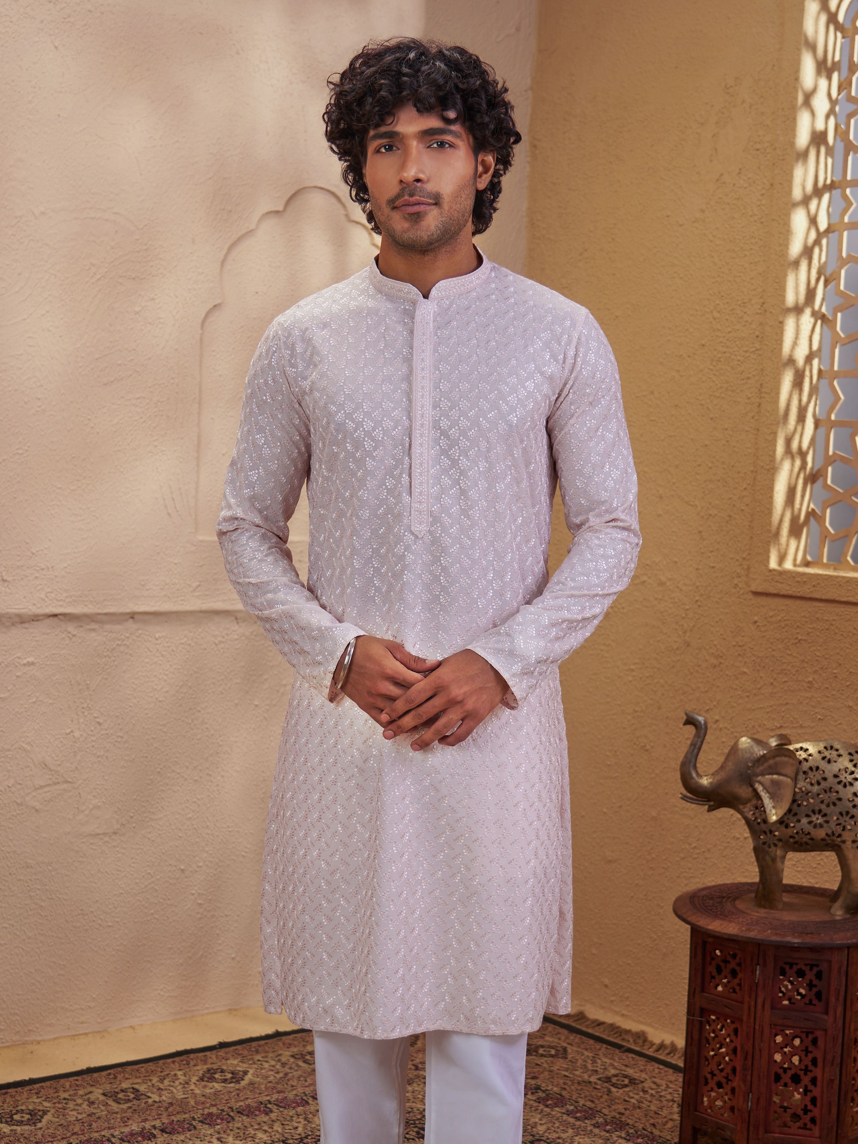Men's Peach Jacquard+ Embroidered Thigh Length Kurta