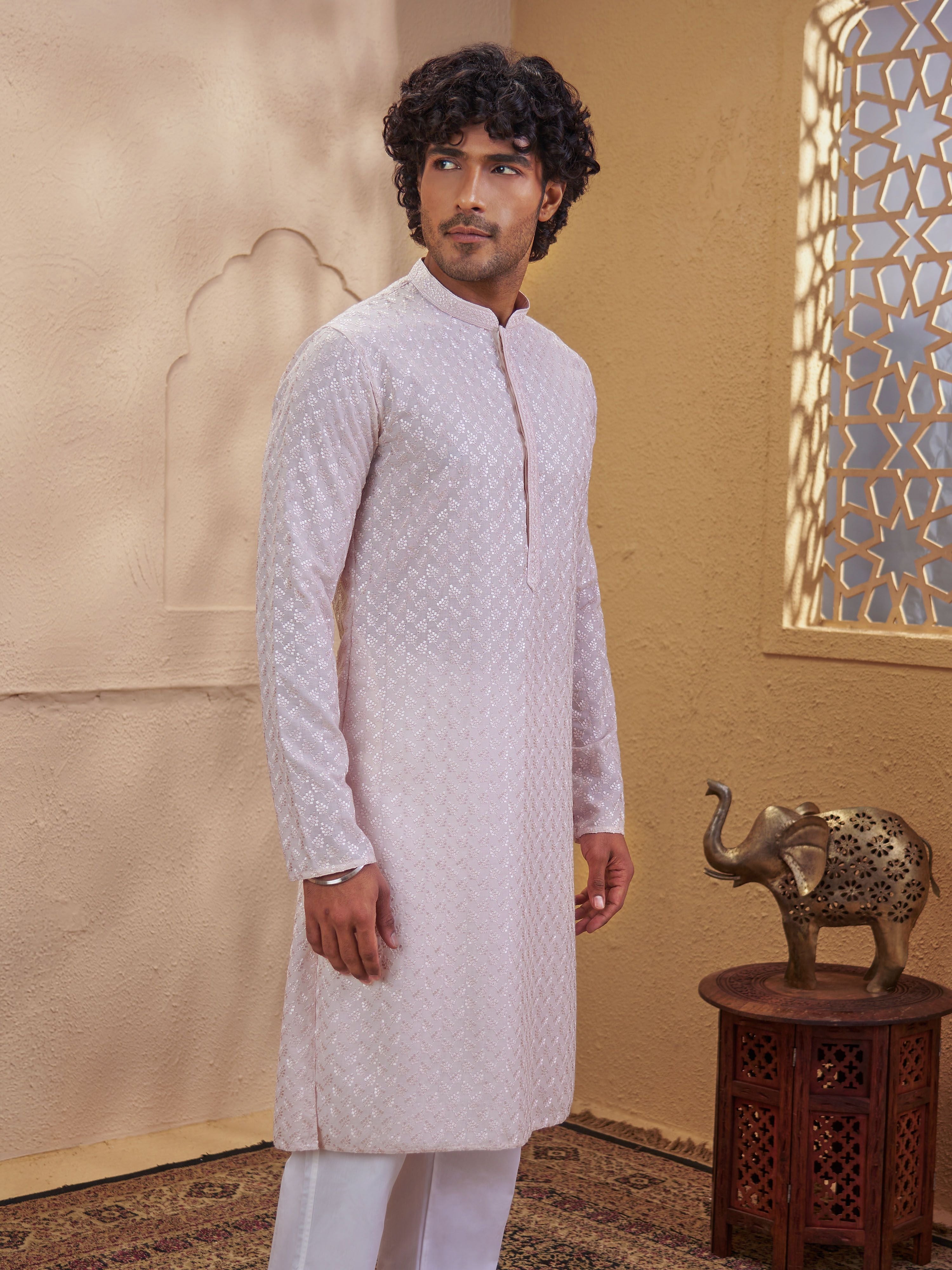 Men's Peach Jacquard+ Embroidered Thigh Length Kurta