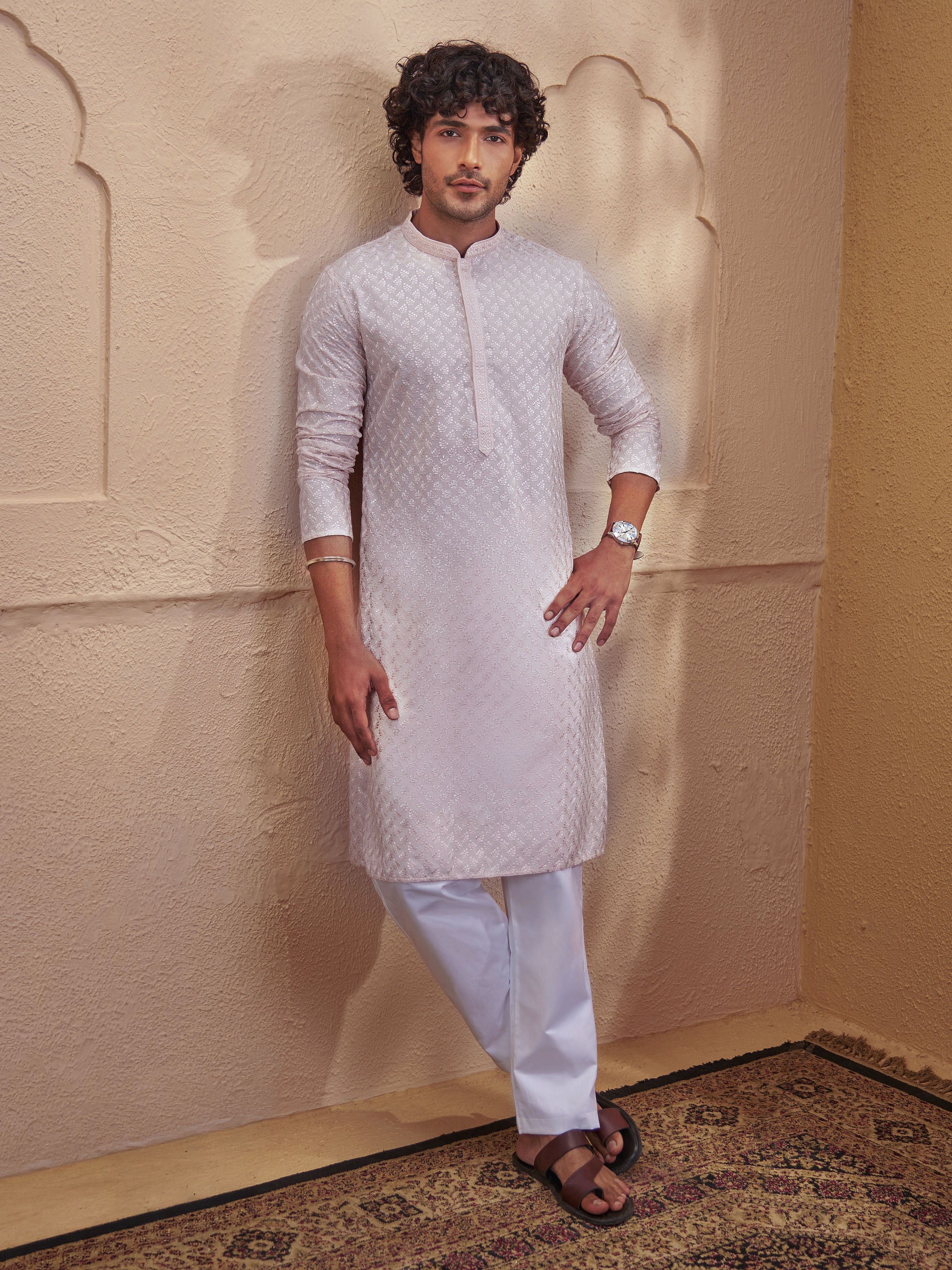 Peach Cotton Embroidered Kurta Pyjama Set for Men