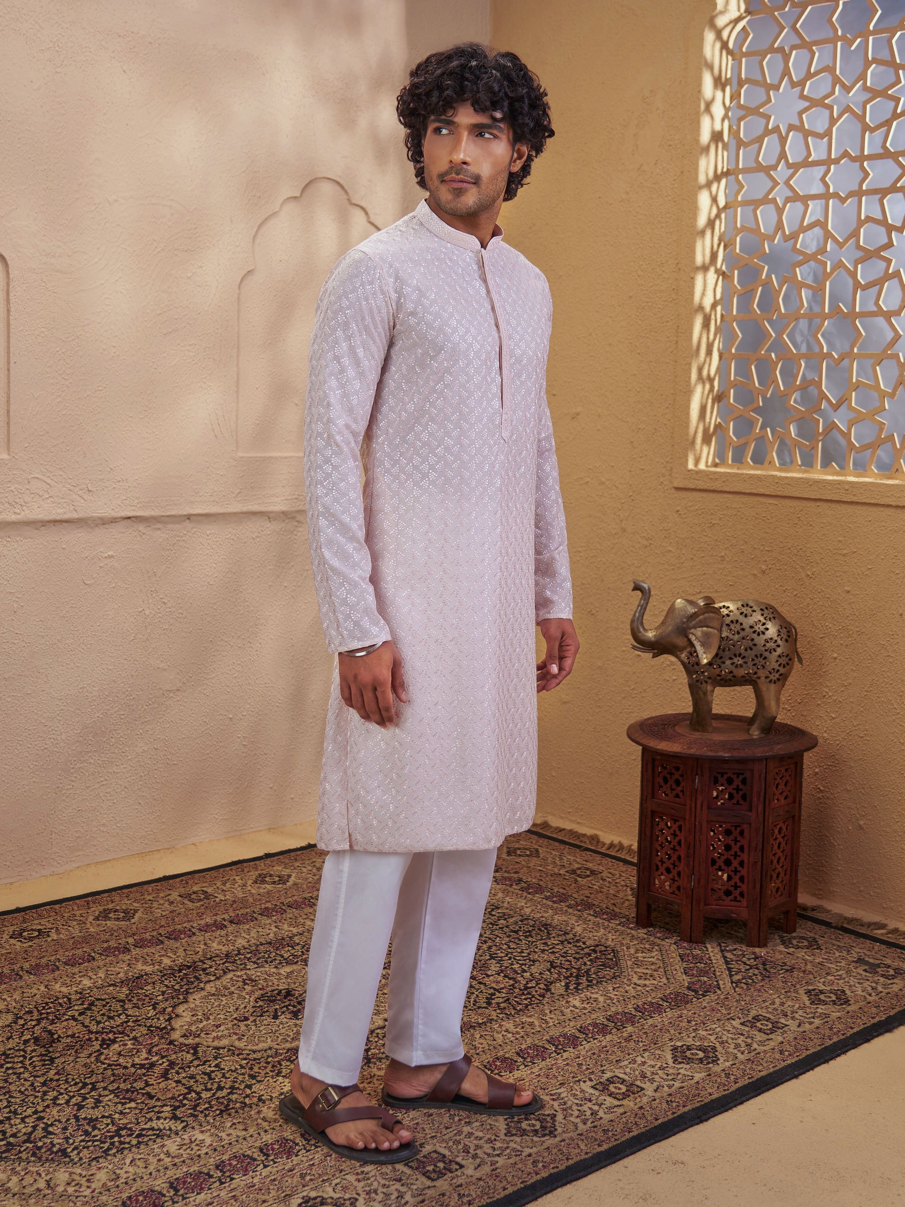 Men's Peach Cotton Embroidered Thigh Length Kurta With Pyjama