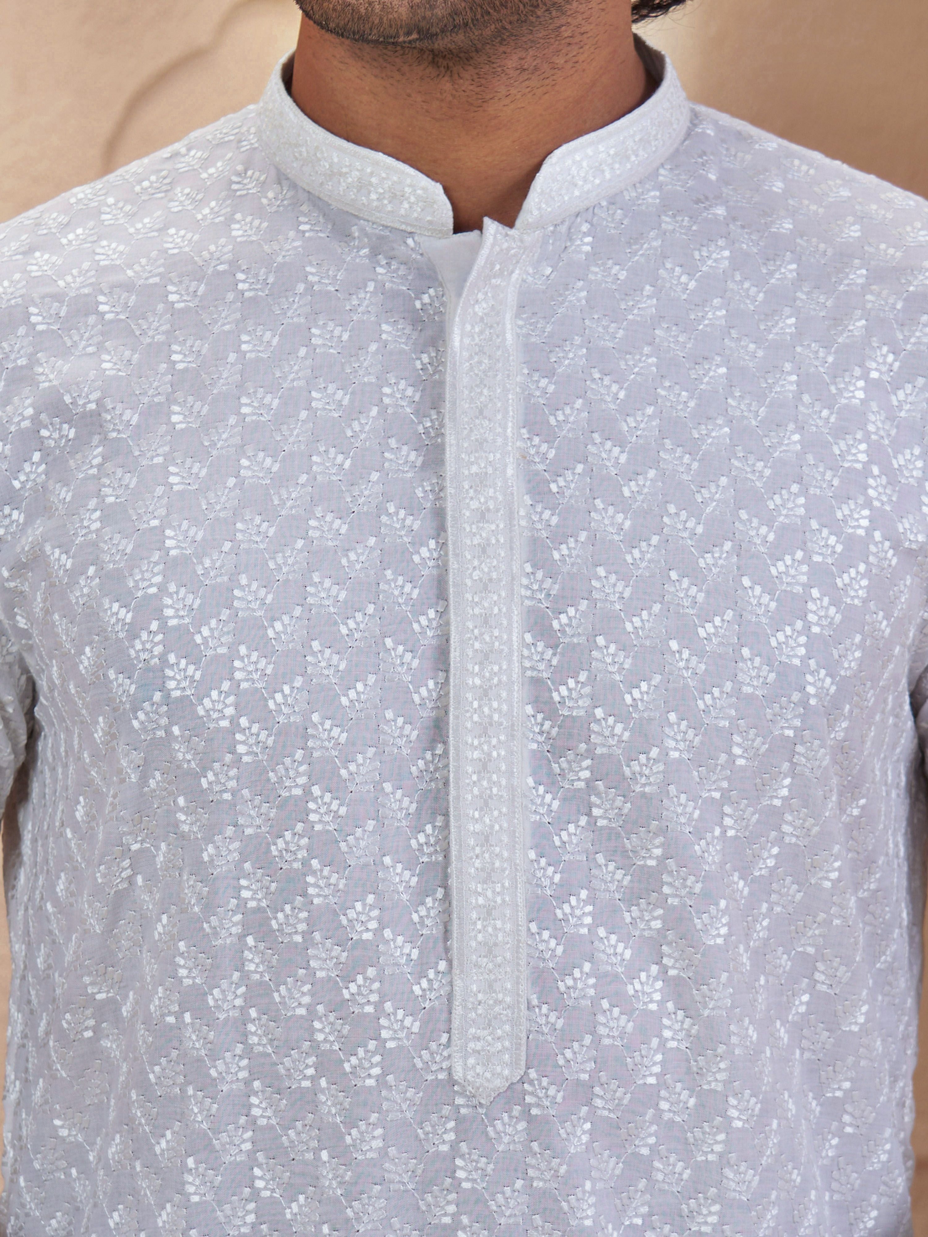 Men's White Woven Fabric Embroidered Thigh Length Kurta