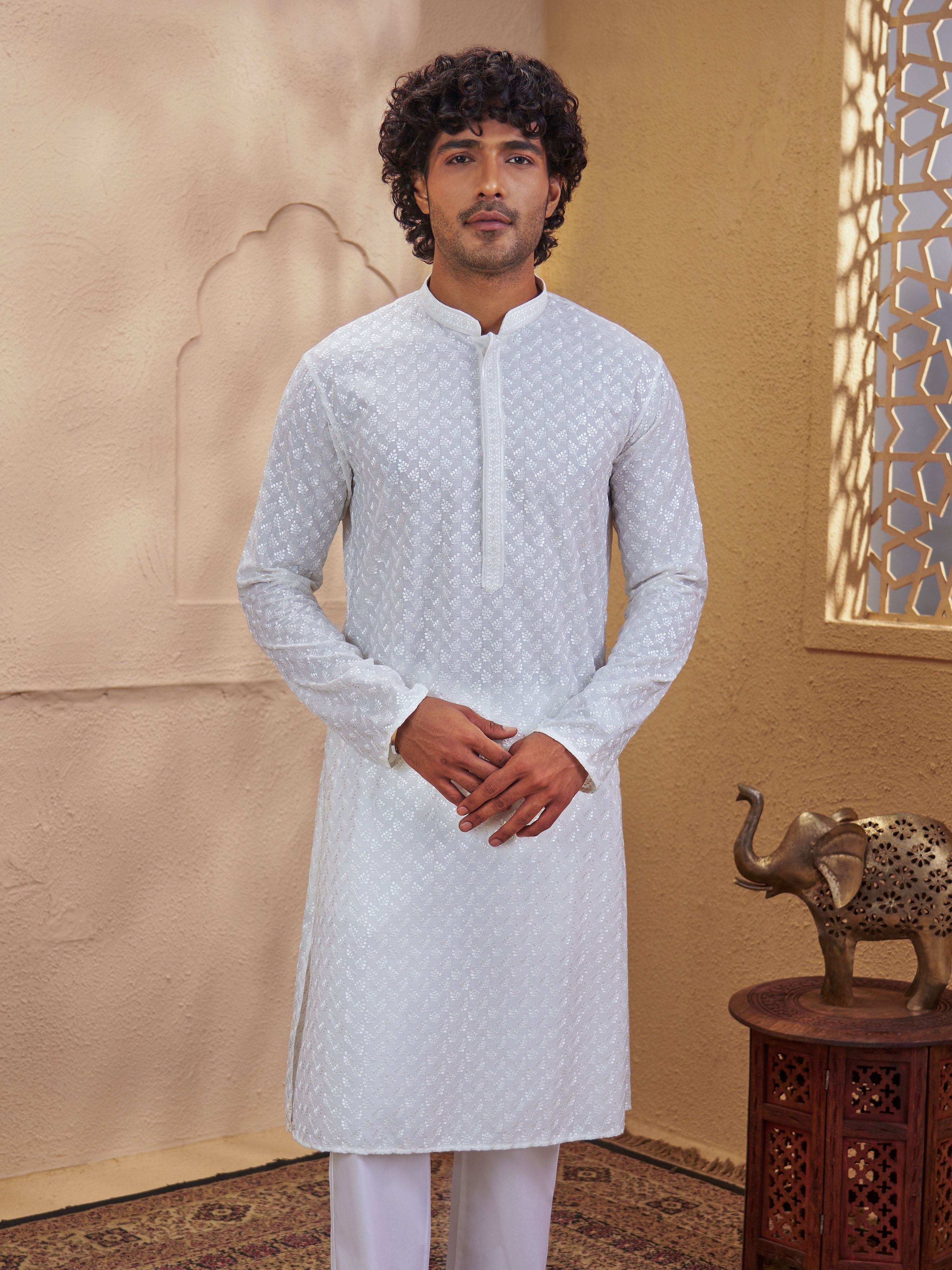 Men's White Woven Fabric Embroidered Thigh Length Kurta