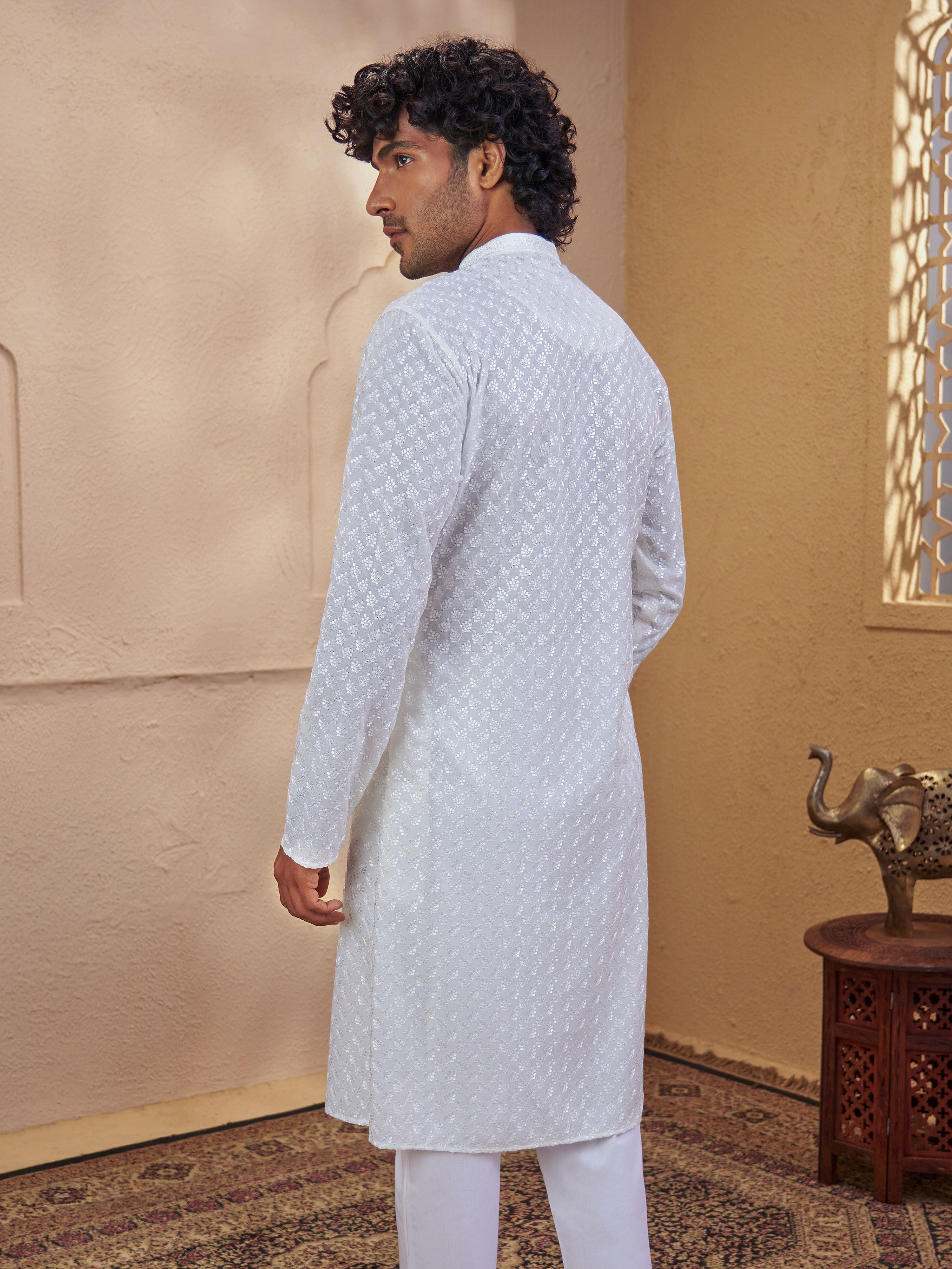 Men's White Woven Fabric Embroidered Thigh Length Kurta