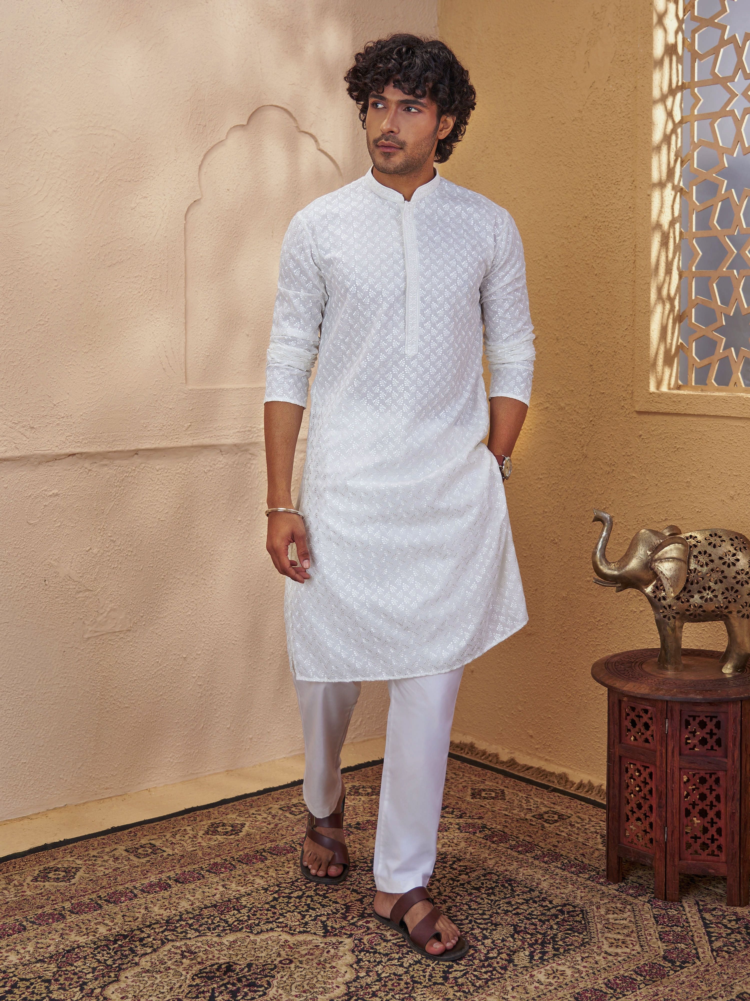 Men's White Woven Fabric Embroidered Thigh Length Kurta
