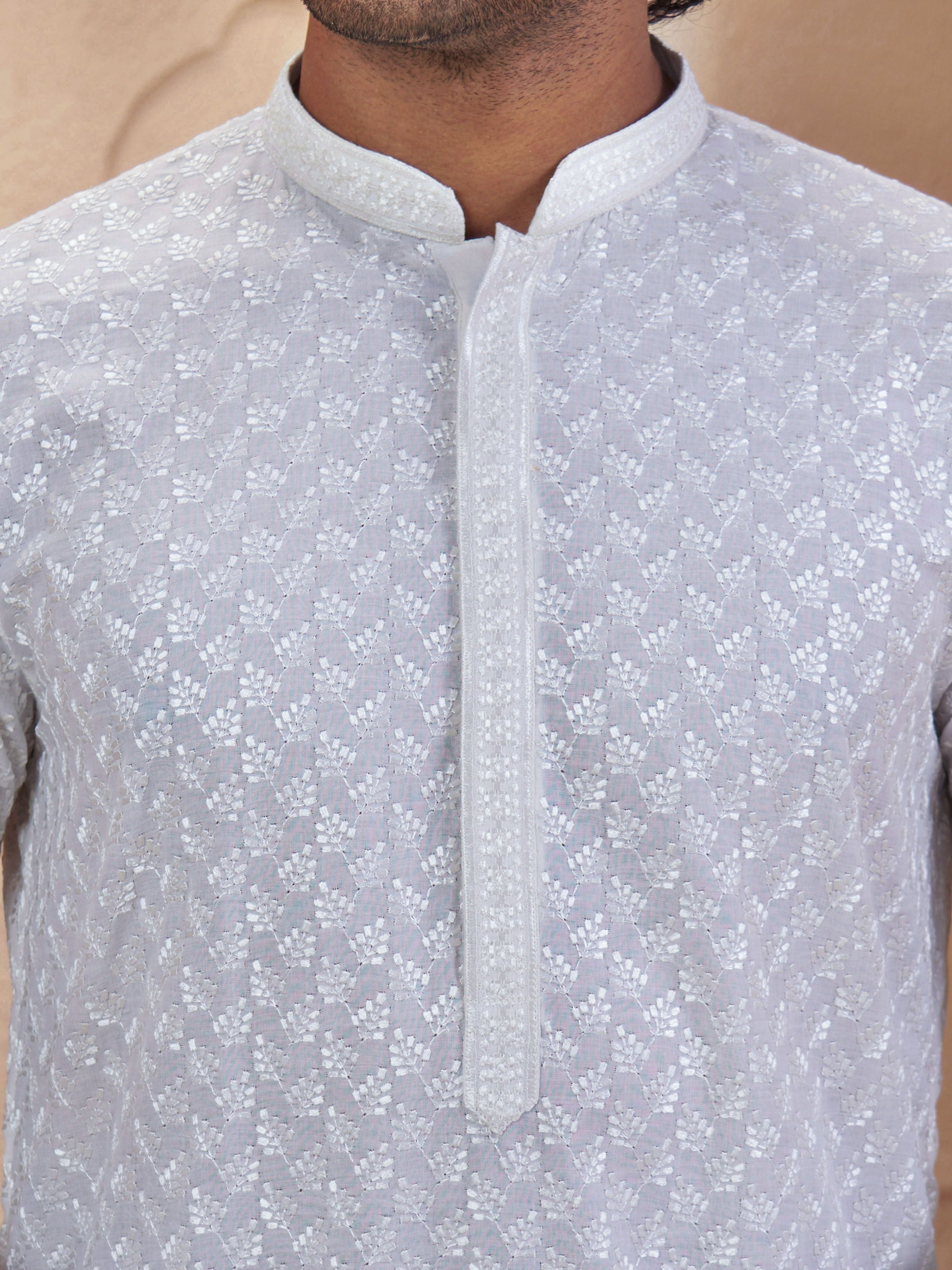 Men's White Cotton Embroidered Thigh Length Kurta With Pyjama