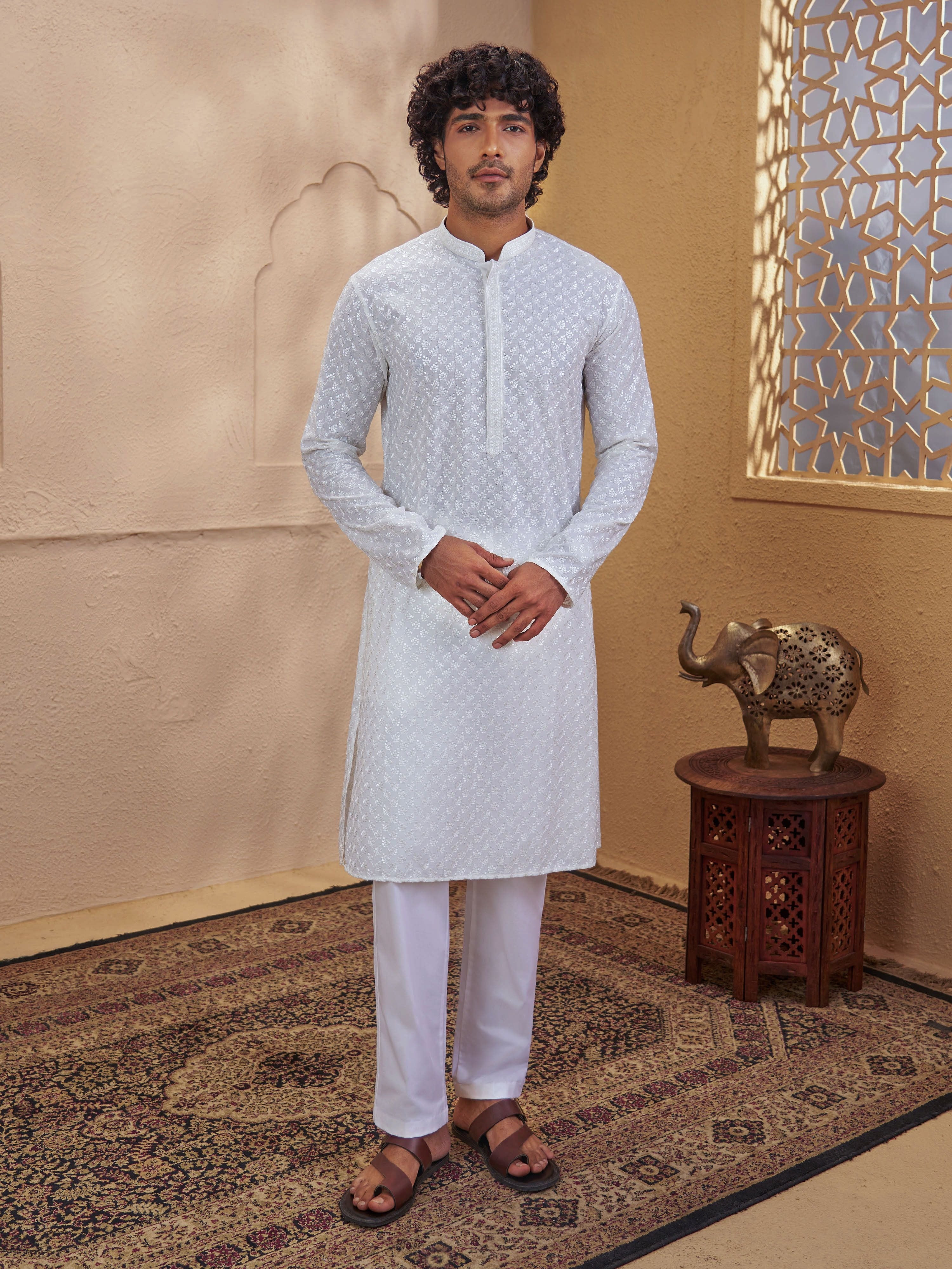 Men's White Cotton Embroidered Thigh Length Kurta With Pyjama