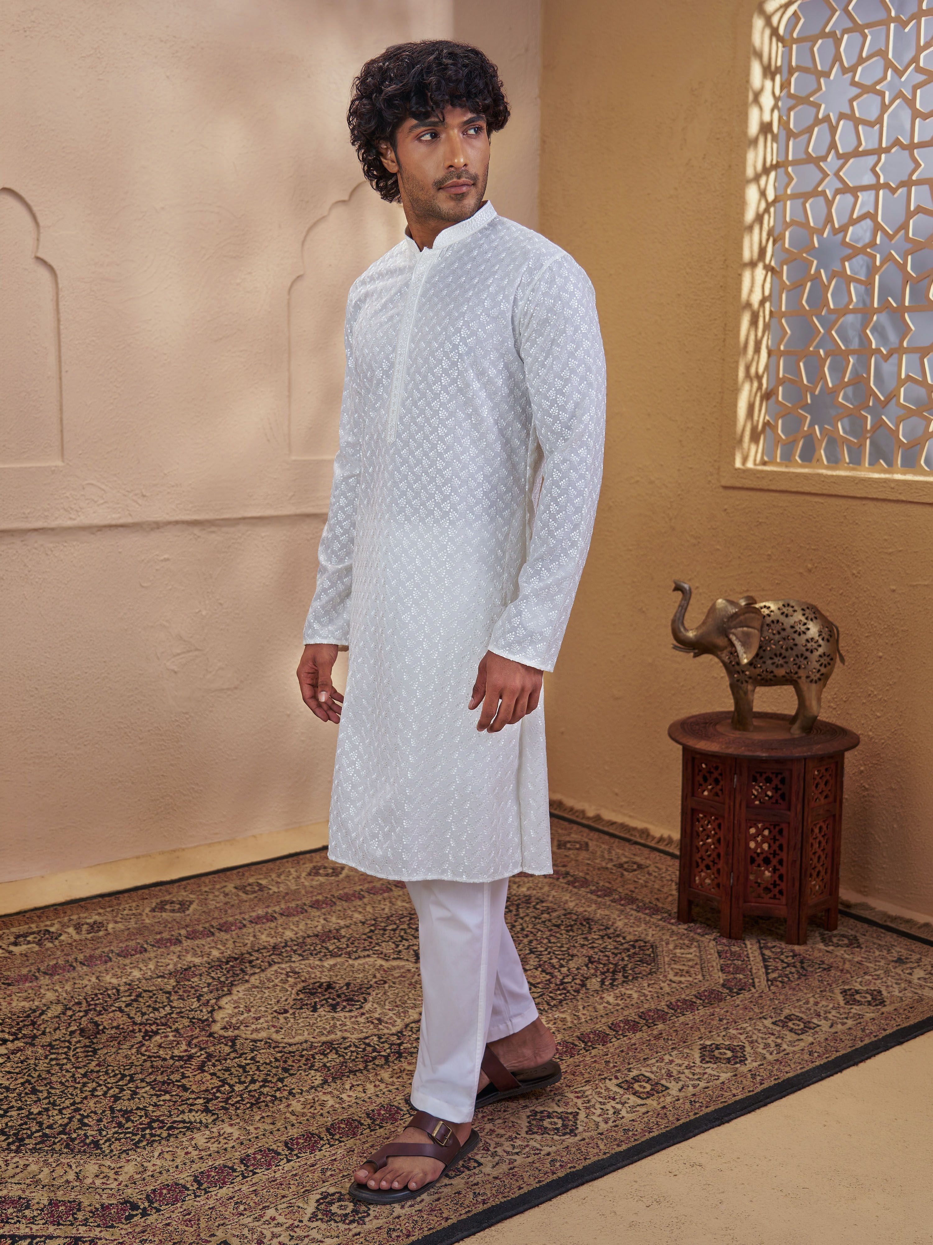 Men's White Cotton Embroidered Thigh Length Kurta With Pyjama