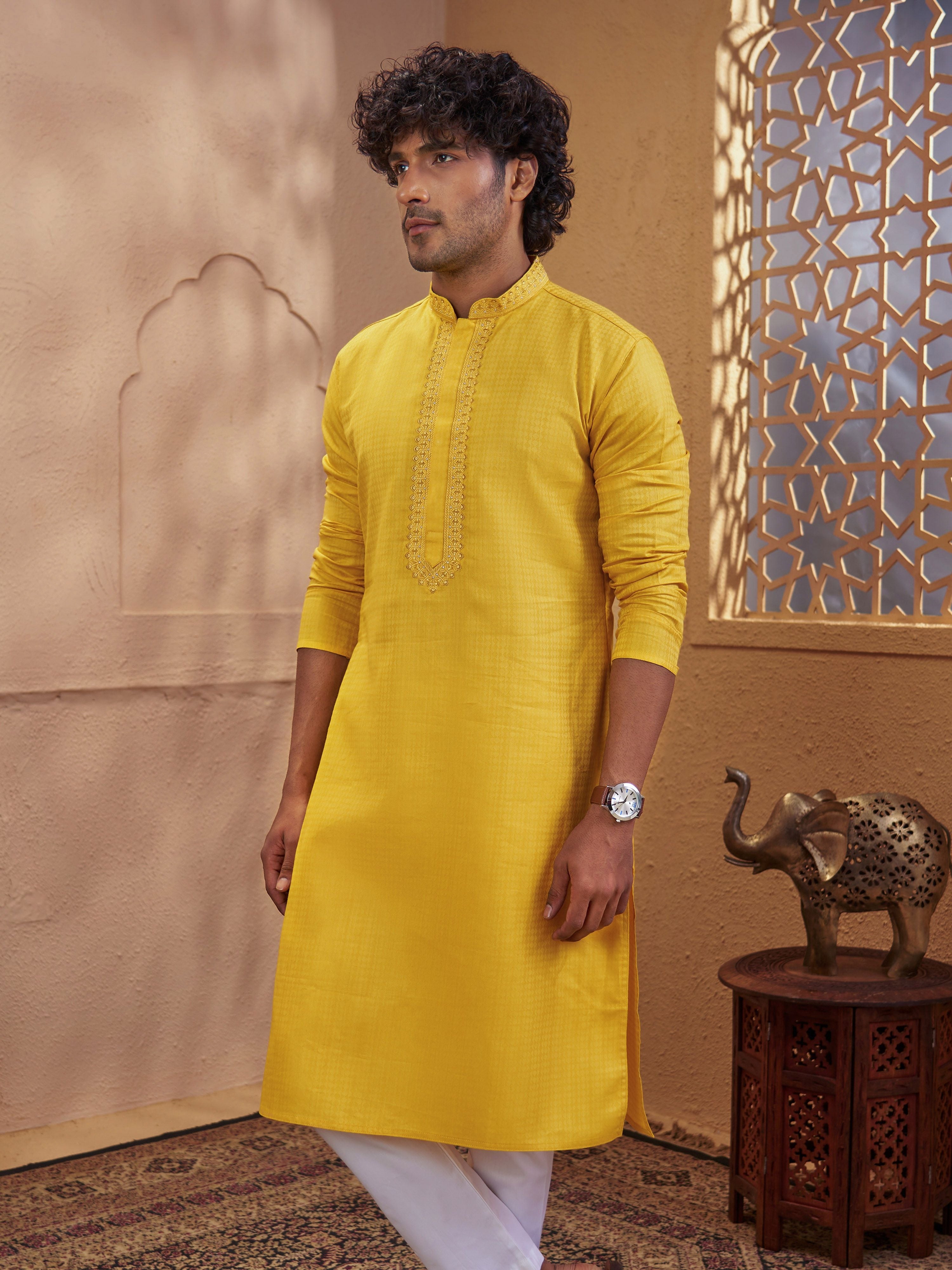 Men's Mustard Cotton-Blend Self Design Thigh Length Long Kurta