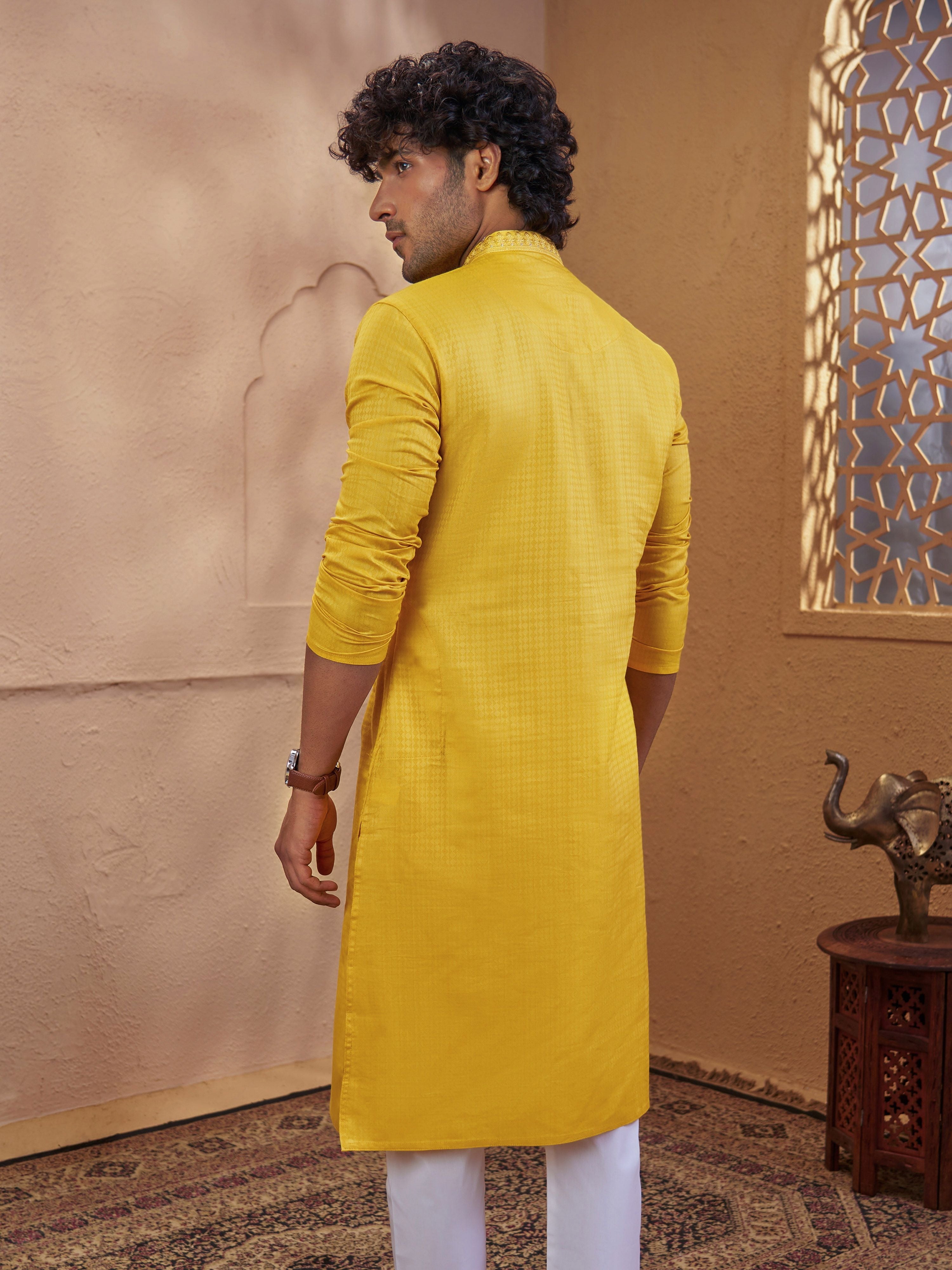 Men's Mustard Cotton-Blend Self Design Thigh Length Long Kurta